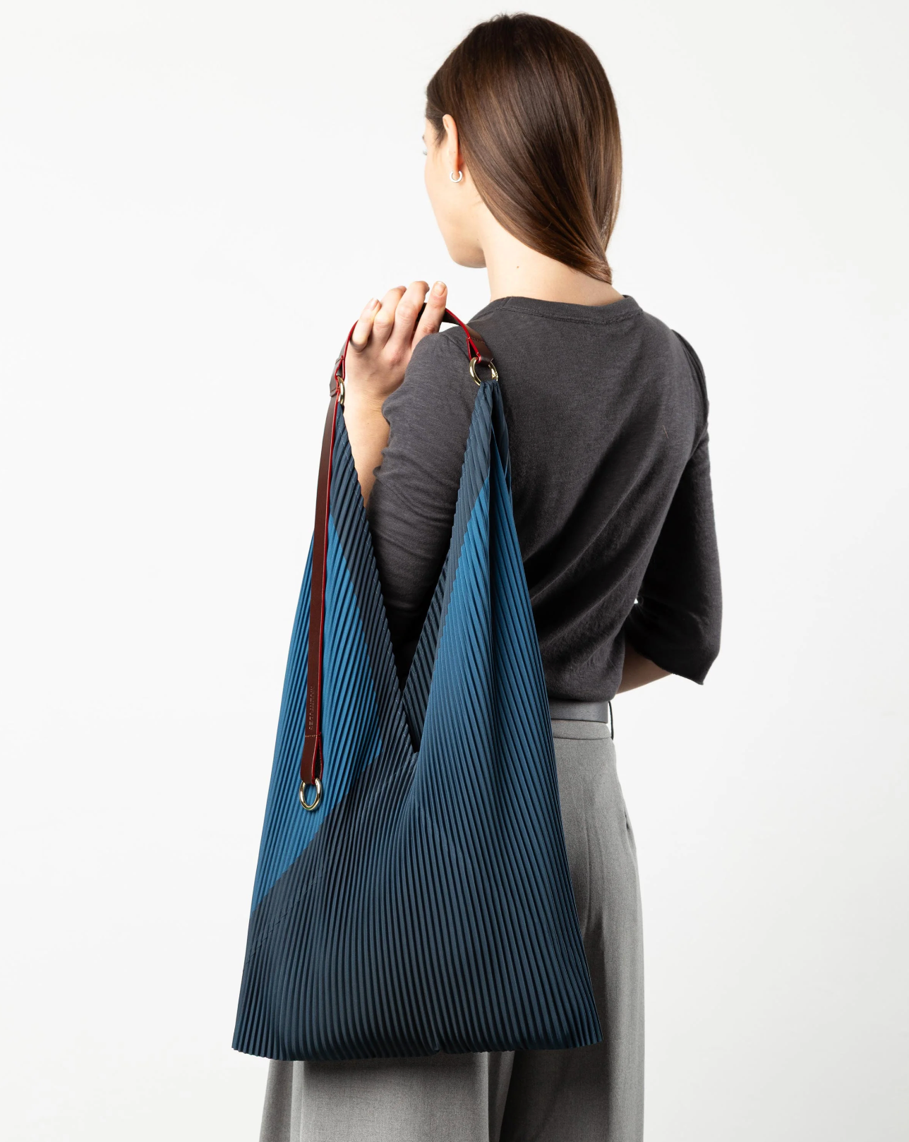 Multitudes Charlize navy pleated satin bag with leather handle