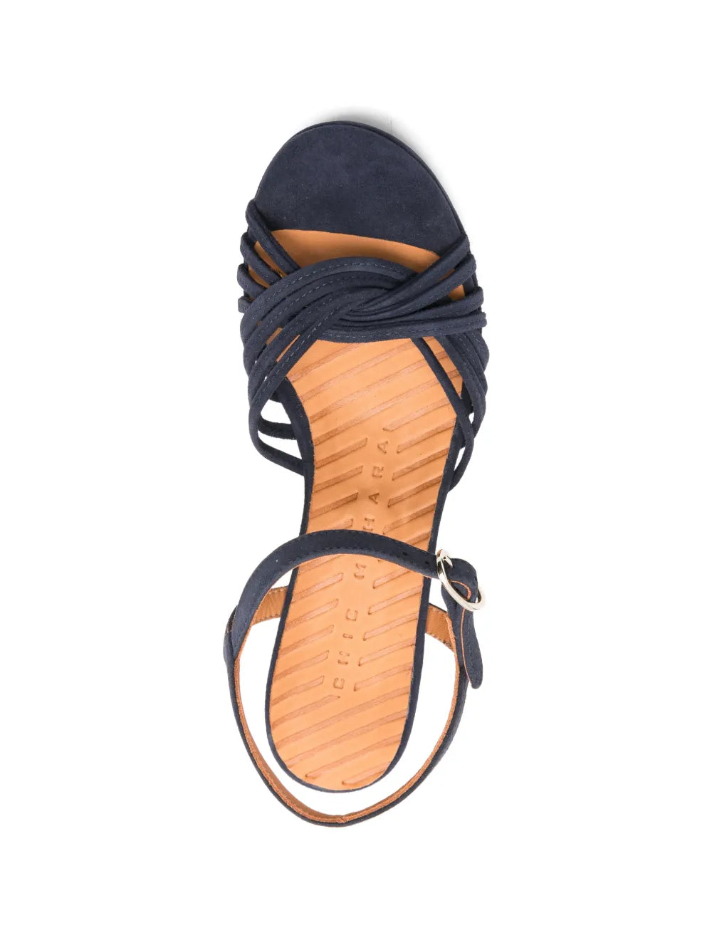 Navy suede platform sandal with intertwined front straps