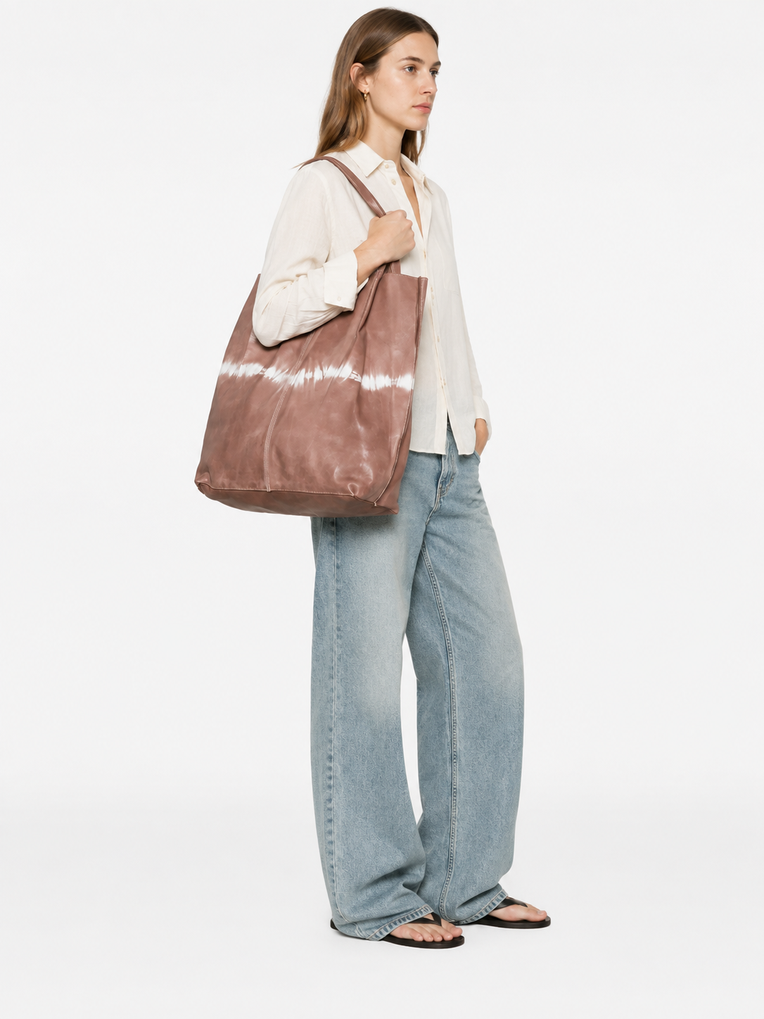 SOMMET NARA Tie-Dye large tote bag in rose antique vegetable-tanned leather, handmade in Italy