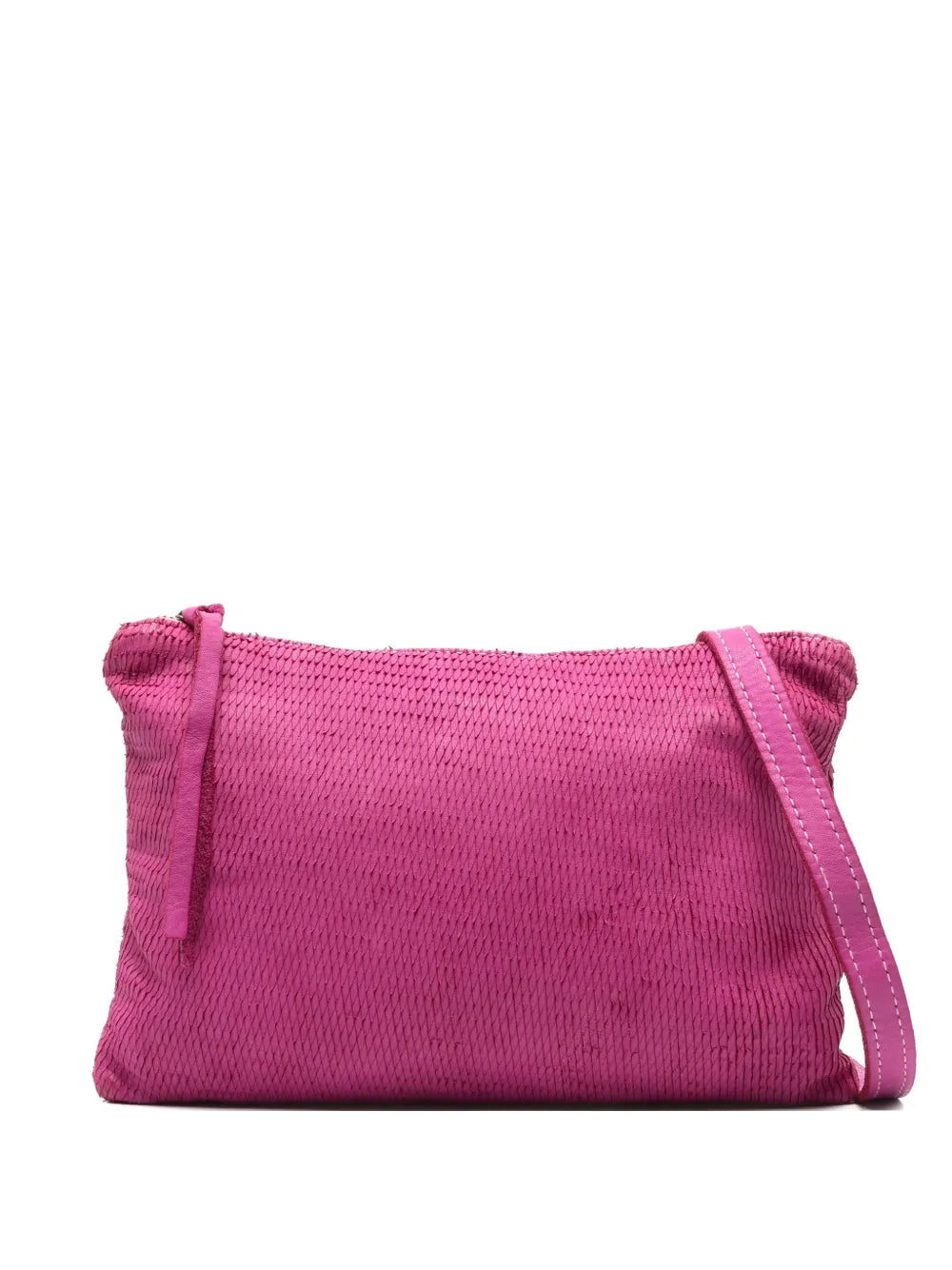 Sommet Petaliño pochette bag in magenta, crafted from vegetable-tanned calfskin with petal effect, adjustable and removable strap, zipper closure, interior compartments, handmade in Italy.