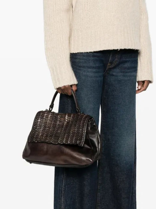 Reptile’s House H551 Mirage handbag in deep coffee brown leather with handwoven flap, top handle and detachable shoulder strap, Italian craftsmanship