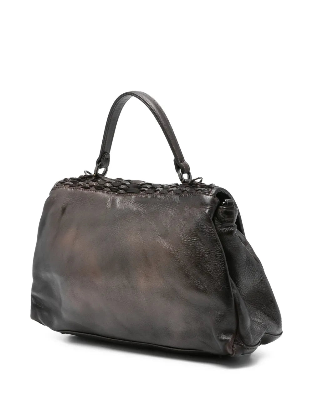 Reptile’s House H551 Mirage handbag in deep coffee brown leather with handwoven flap, top handle and detachable shoulder strap, Italian craftsmanship