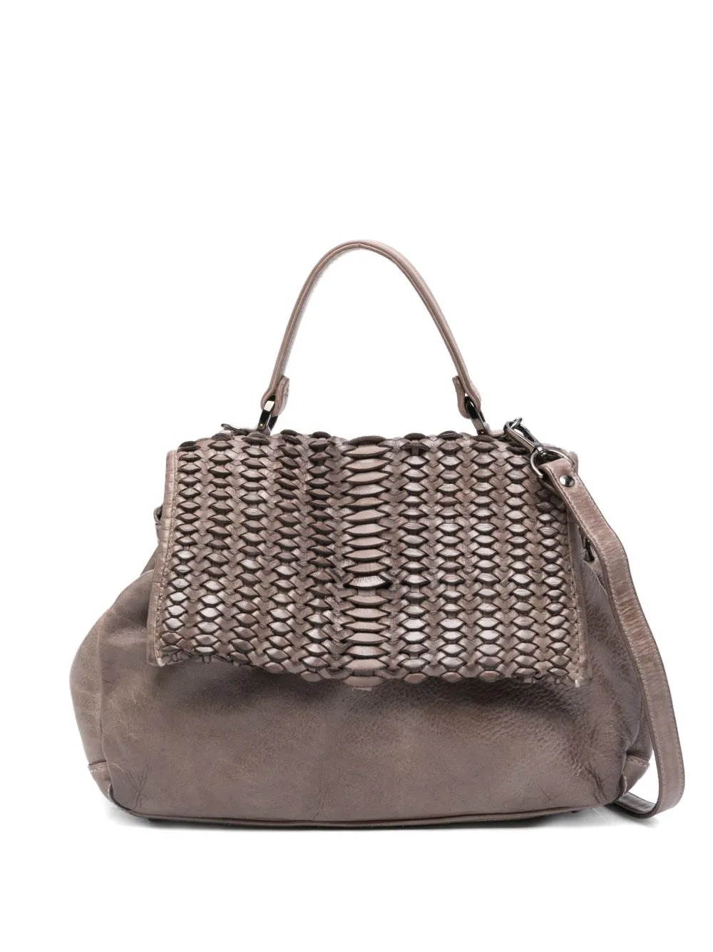 Reptile’s House H551 Mirage grey leather handbag with handwoven flap, top handle and detachable shoulder strap, Italian craftsmanship