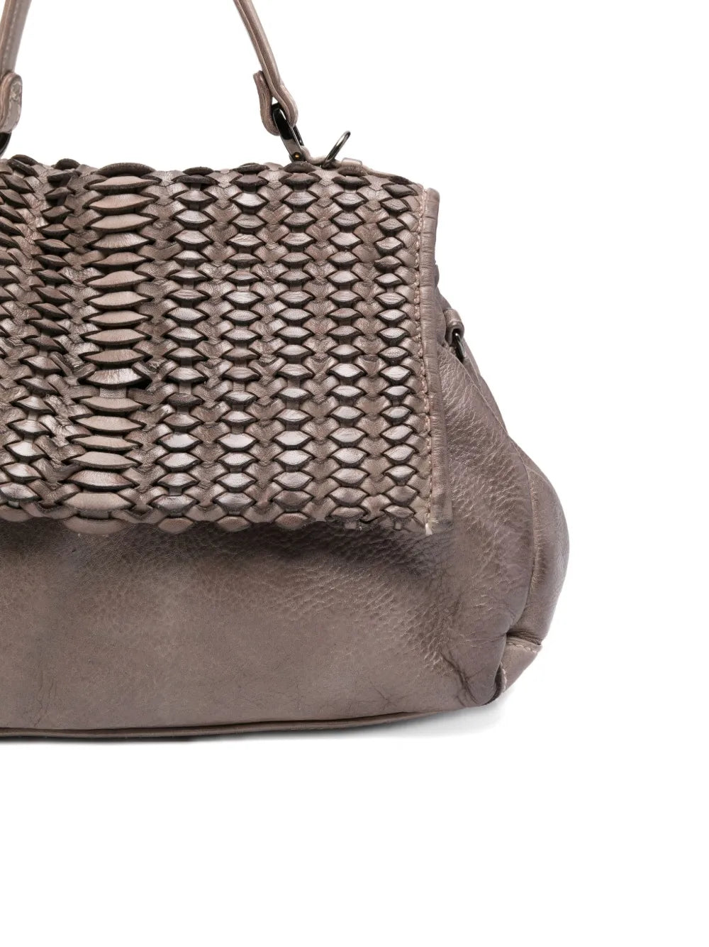 Reptile’s House H551 Mirage grey leather handbag with handwoven flap, top handle and detachable shoulder strap, Italian craftsmanship