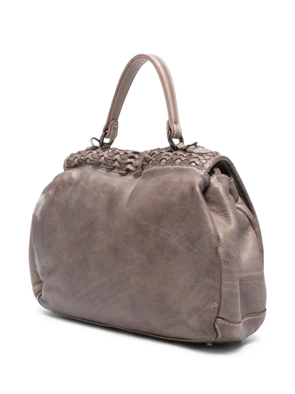 Reptile’s House H551 Mirage grey leather handbag with handwoven flap, top handle and detachable shoulder strap, Italian craftsmanship