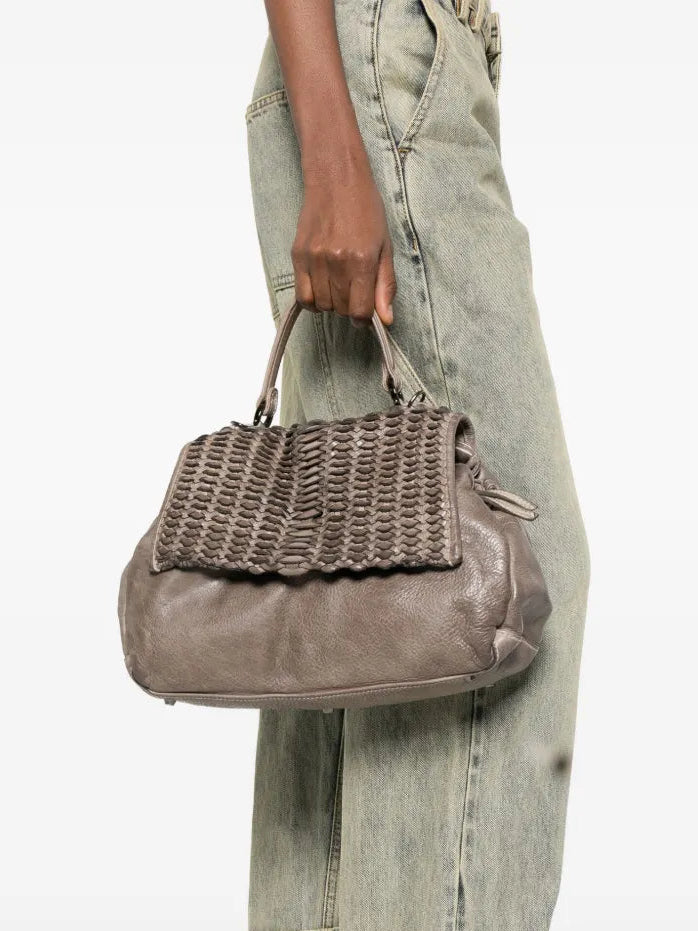 Reptile’s House H551 Mirage grey leather handbag with handwoven flap, top handle and detachable shoulder strap, Italian craftsmanship