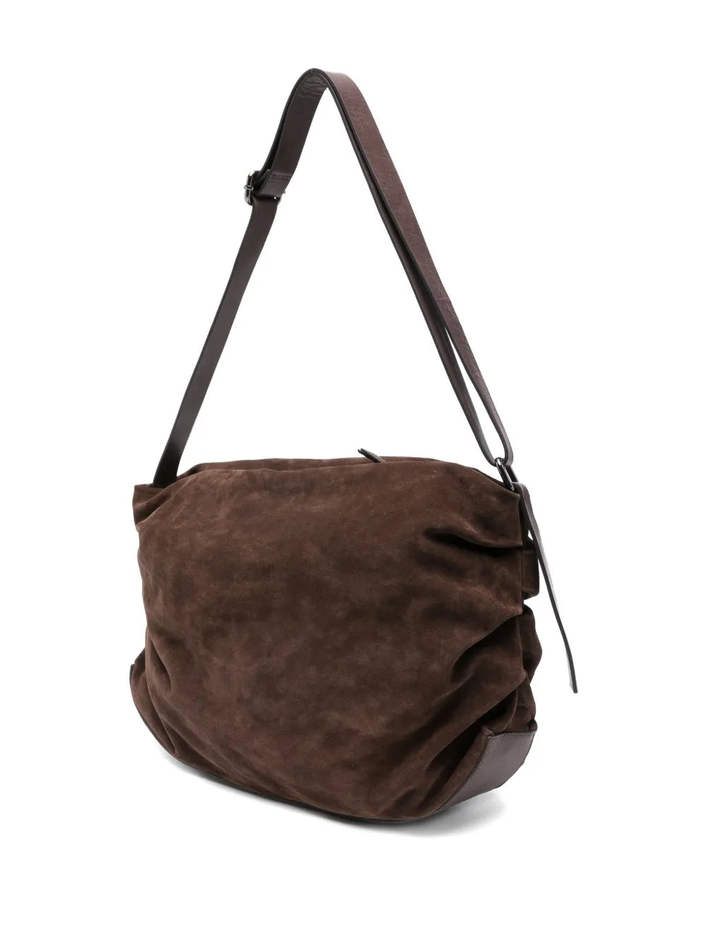 Reptile’s House H844 Ciok shoulder bag in Testa di Moro dark brown suede with soft ruched design and adjustable strap, handcrafted in Italy