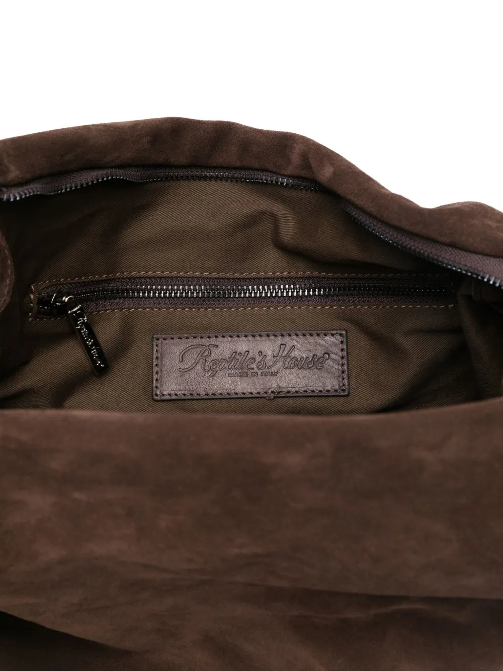 Reptile’s House H844 Ciok shoulder bag in Testa di Moro dark brown suede with soft ruched design and adjustable strap, handcrafted in Italy