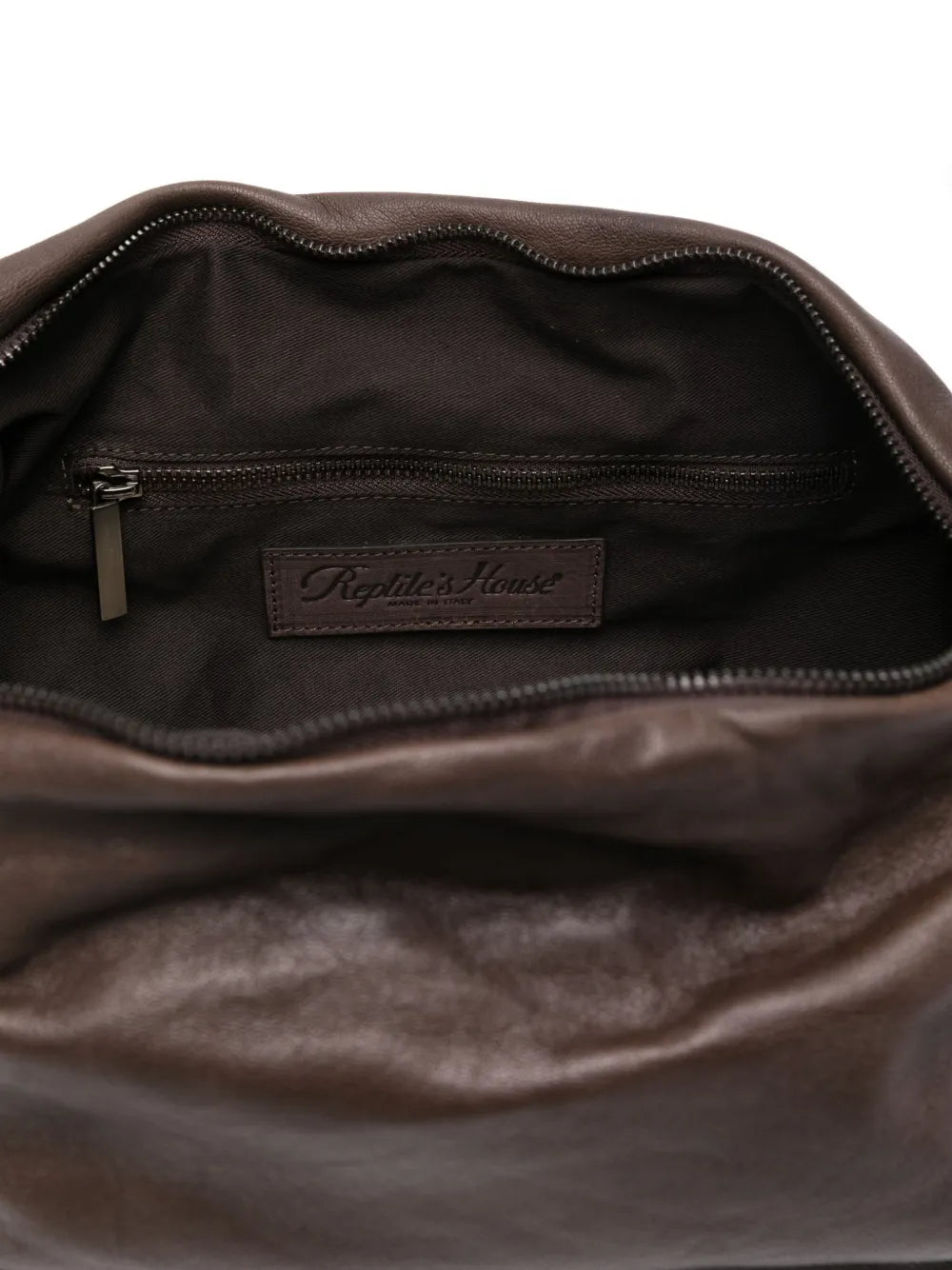 Reptile’s House H844 Ciok shoulder bag in dark brown vegetable-tanned leather, handmade in Italy with adjustable strap and internal pockets.