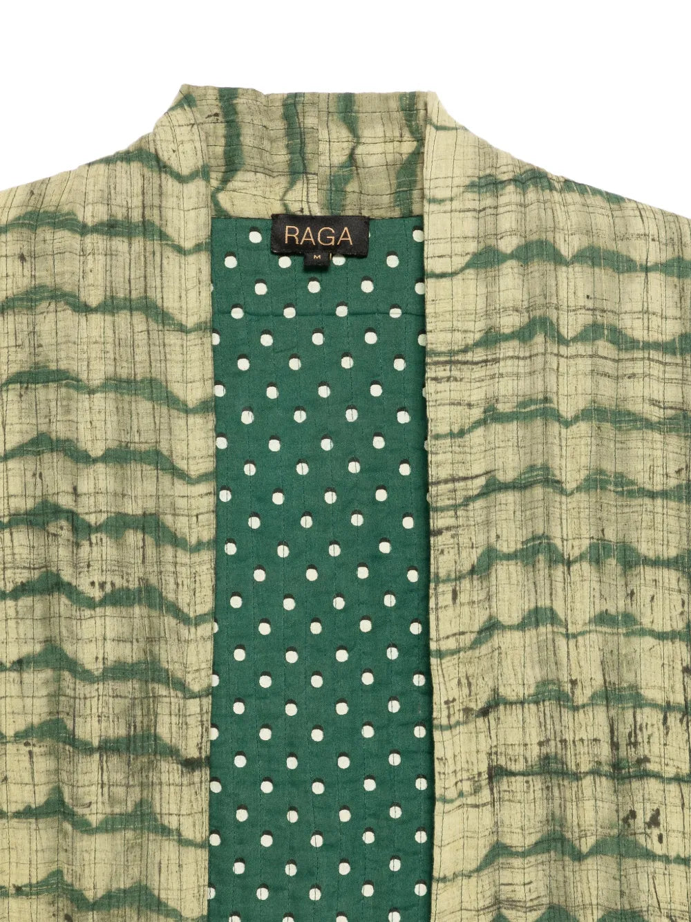 Long cotton kimono with handmade shibori technique in olive green and natural beige tones