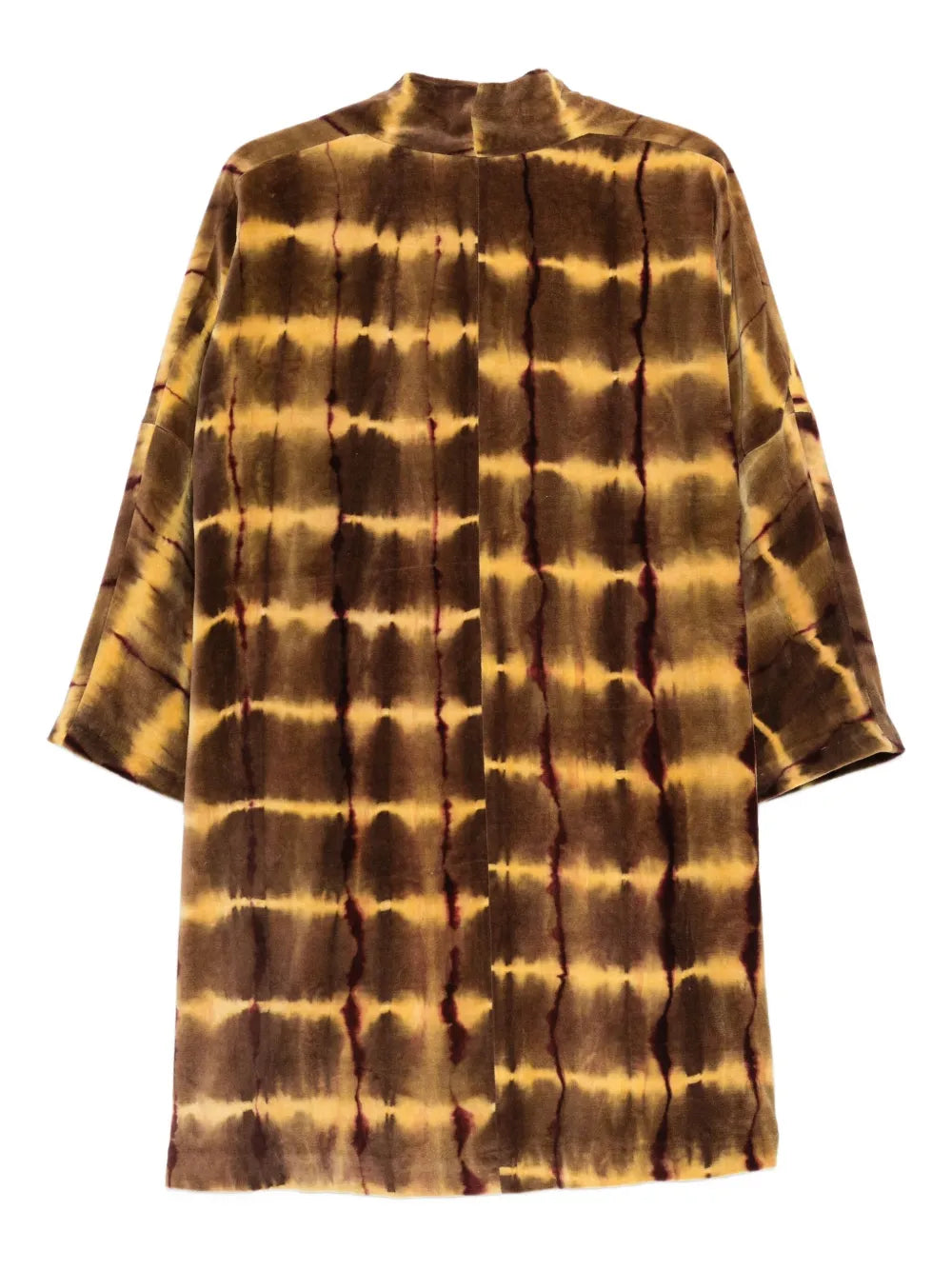 Long cotton kimono with handmade shibori technique in olive green and natural beige tones