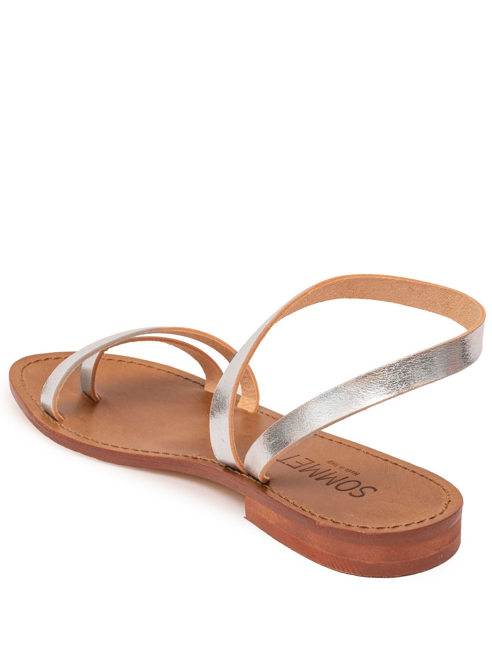 Silver leather strappy flat sandal with ankle strap — handmade in Italy | SOMMET