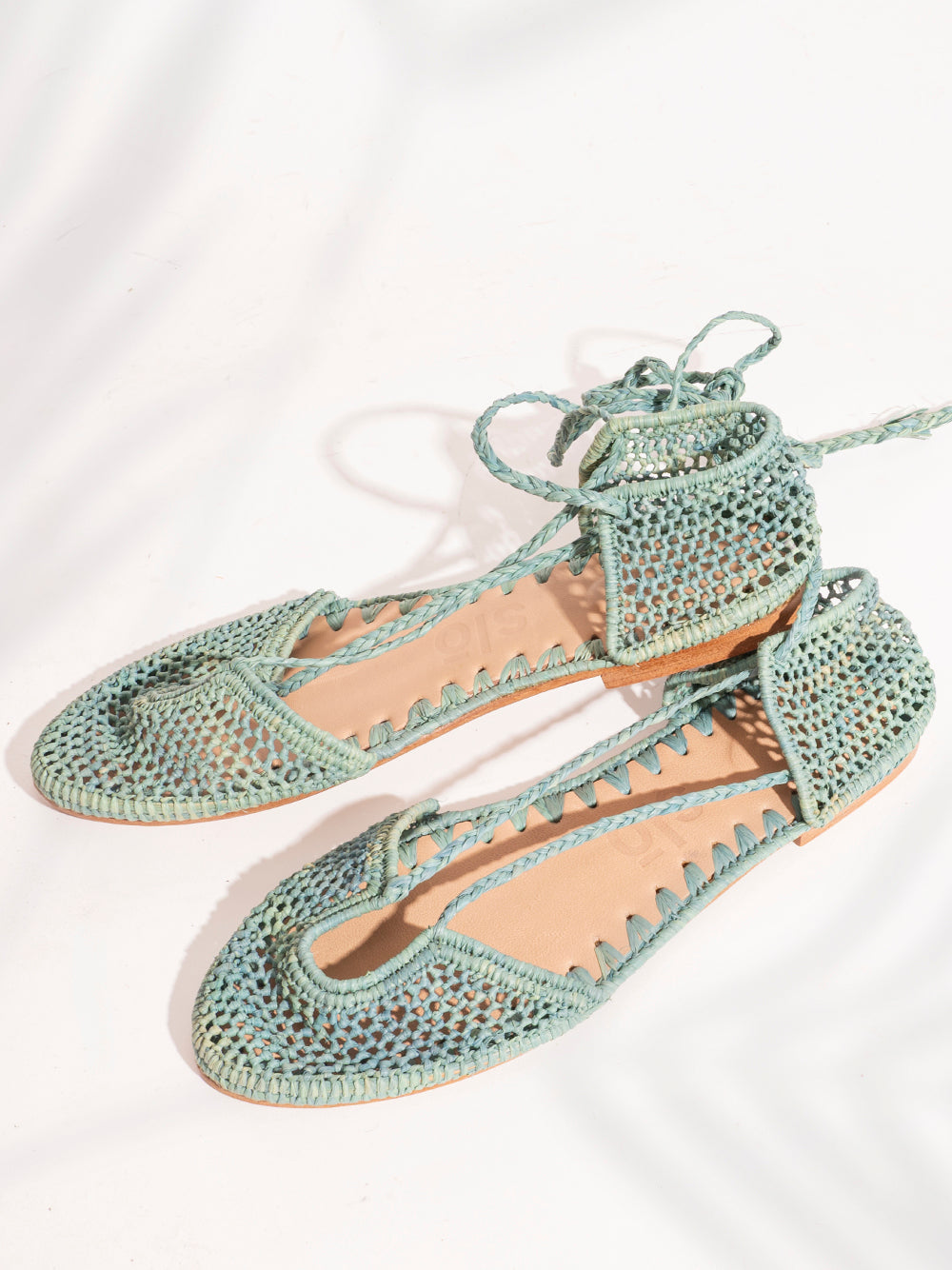 Light aqua raffia flats by slō hand made, ethical and artisanal