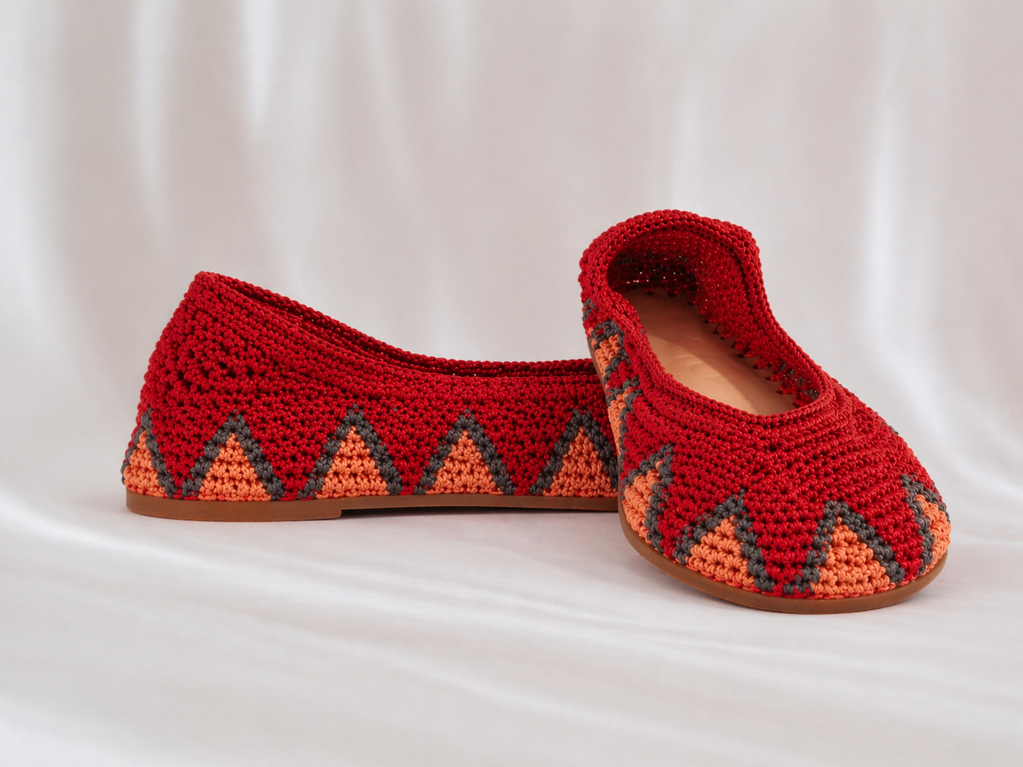 Red Ember crochet ballet flat without straps by slō hand made — side view