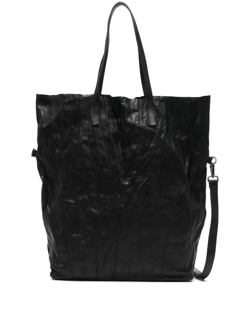 Sommet Long Island black vegetable-tanned leather tote bag with removable crossbody strap, wrinkled texture and detachable zip pouch, handmade in Italy