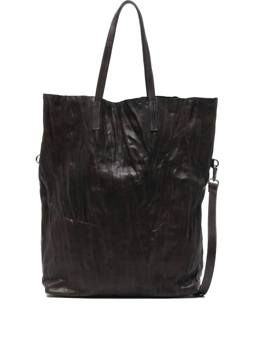 Sommet Long Island coffee brown vegetable-tanned leather tote with removable crossbody strap, wrinkled finish and detachable zip pouch, handmade in Italy