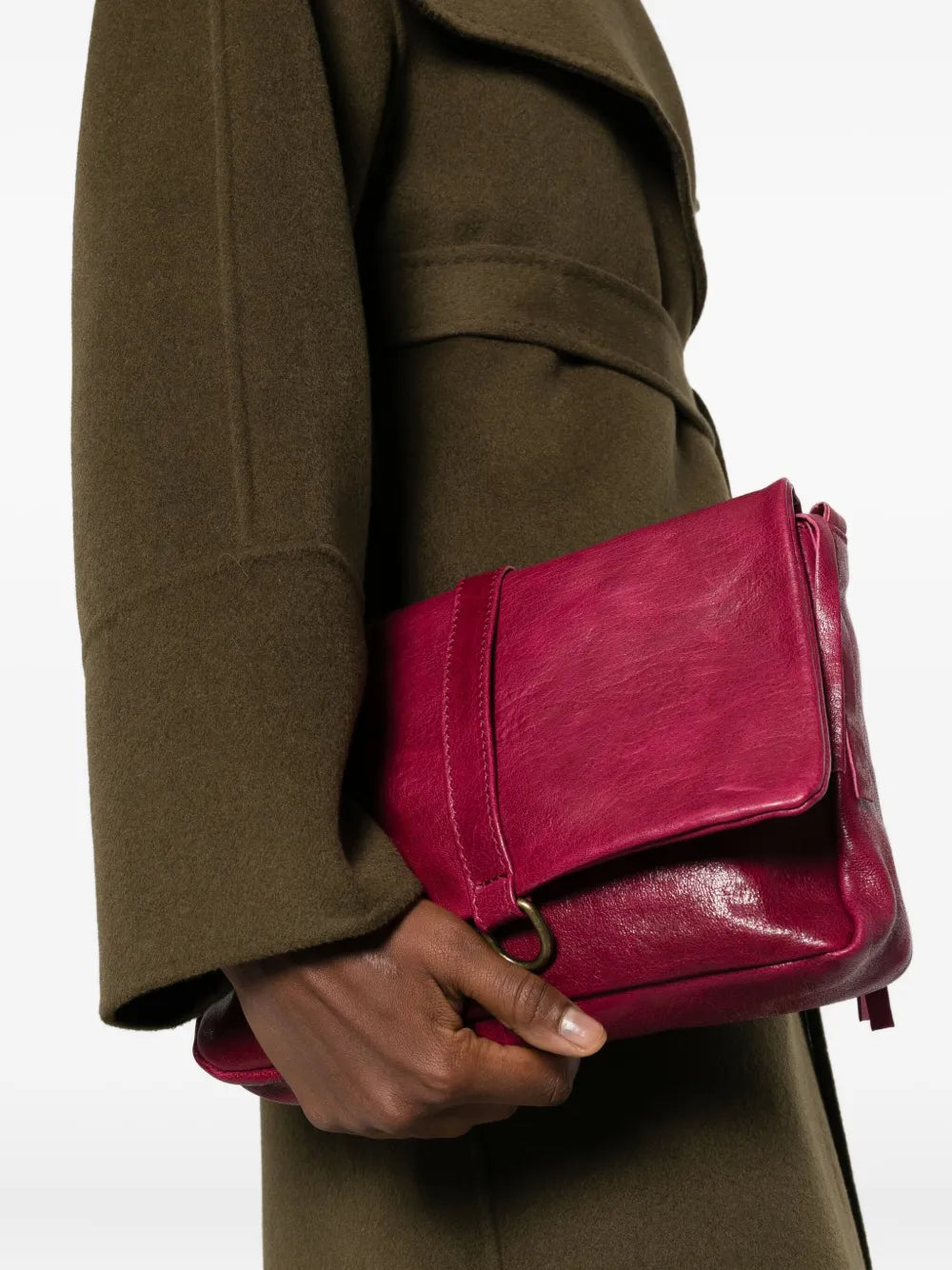 Sommet handmade plum leather crossbody bag in vegetable-tanned leather with detachable strap, made in Italy