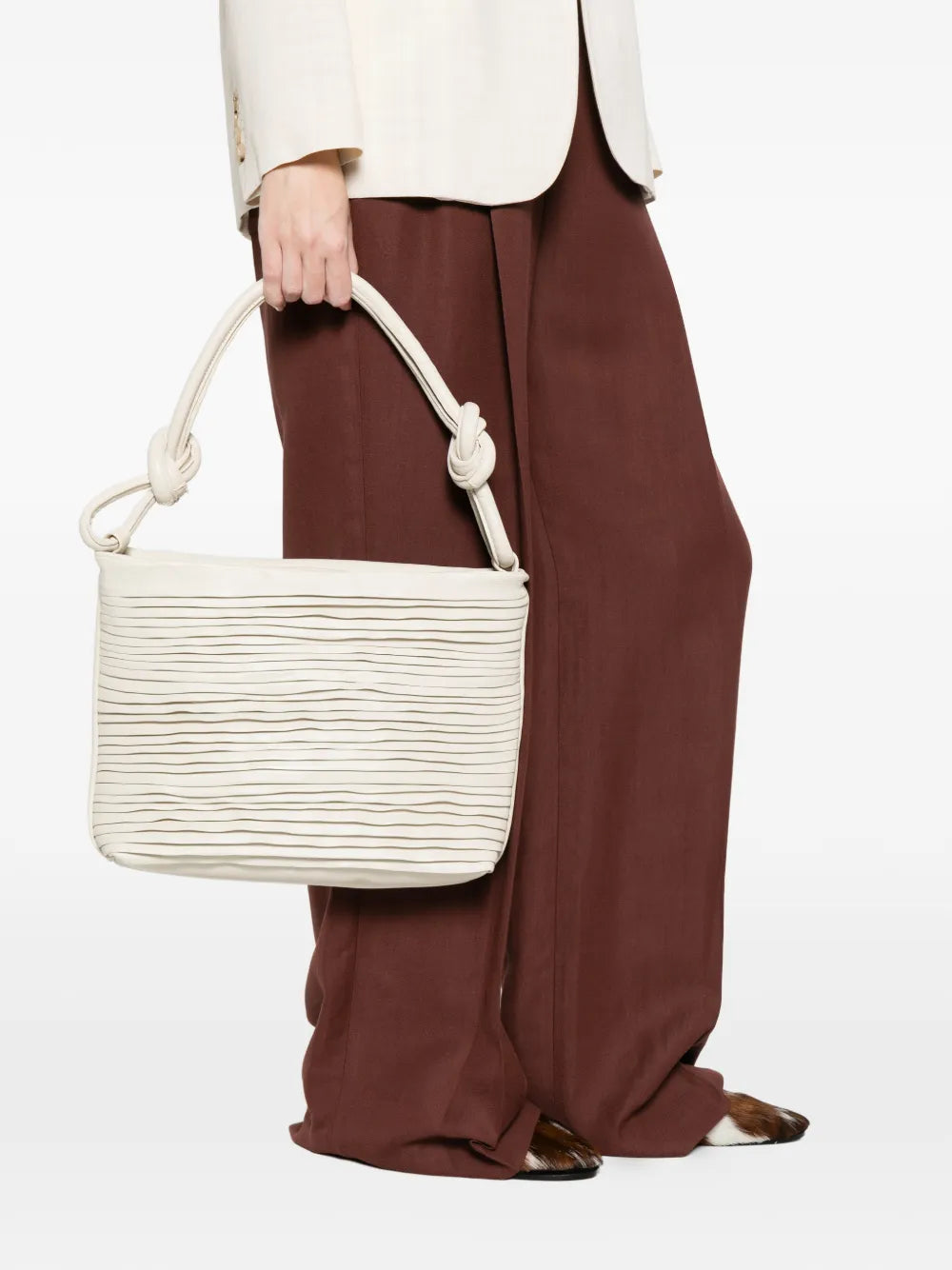 Sommet Aisha Medium Rows ivory pleated leather handbag in vegetable tanned leather, handcrafted in Italy.