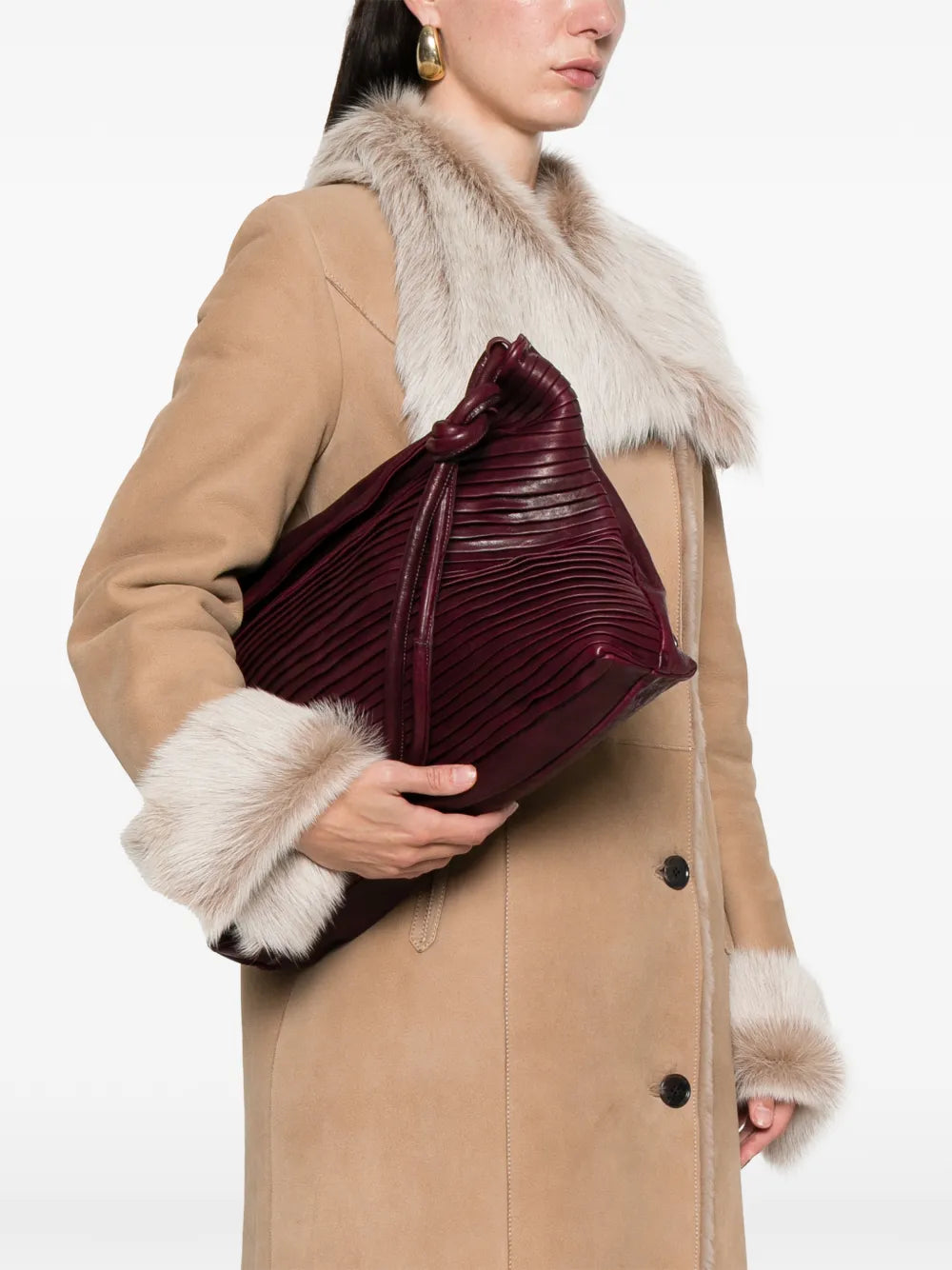 Sommet Aisha Rows large wine-colored leather bag with pleated texture and knotted handle handmade in Italy
