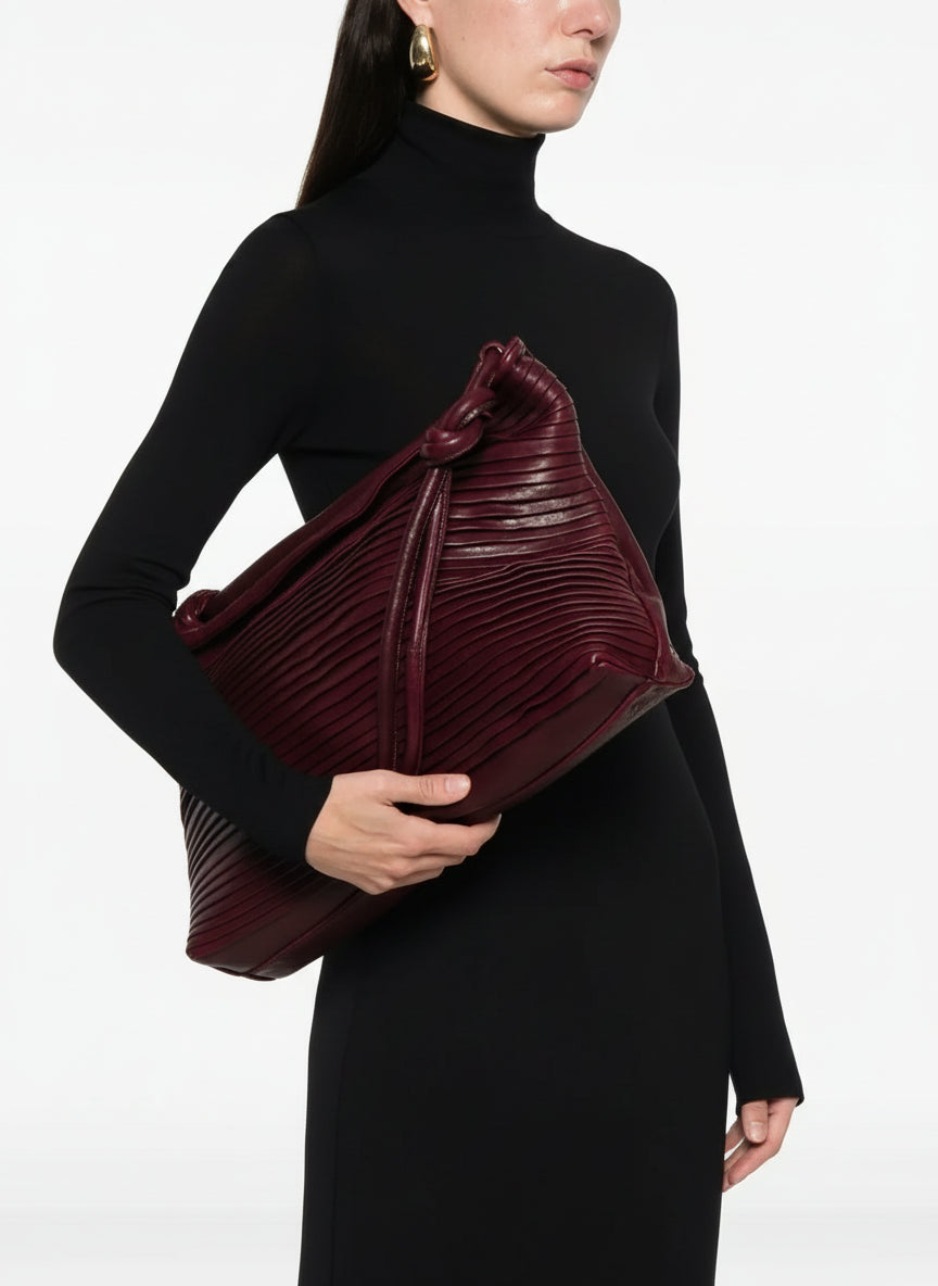 Sommet Aisha Rows large wine-colored leather bag with pleated texture and knotted handle handmade in Italy