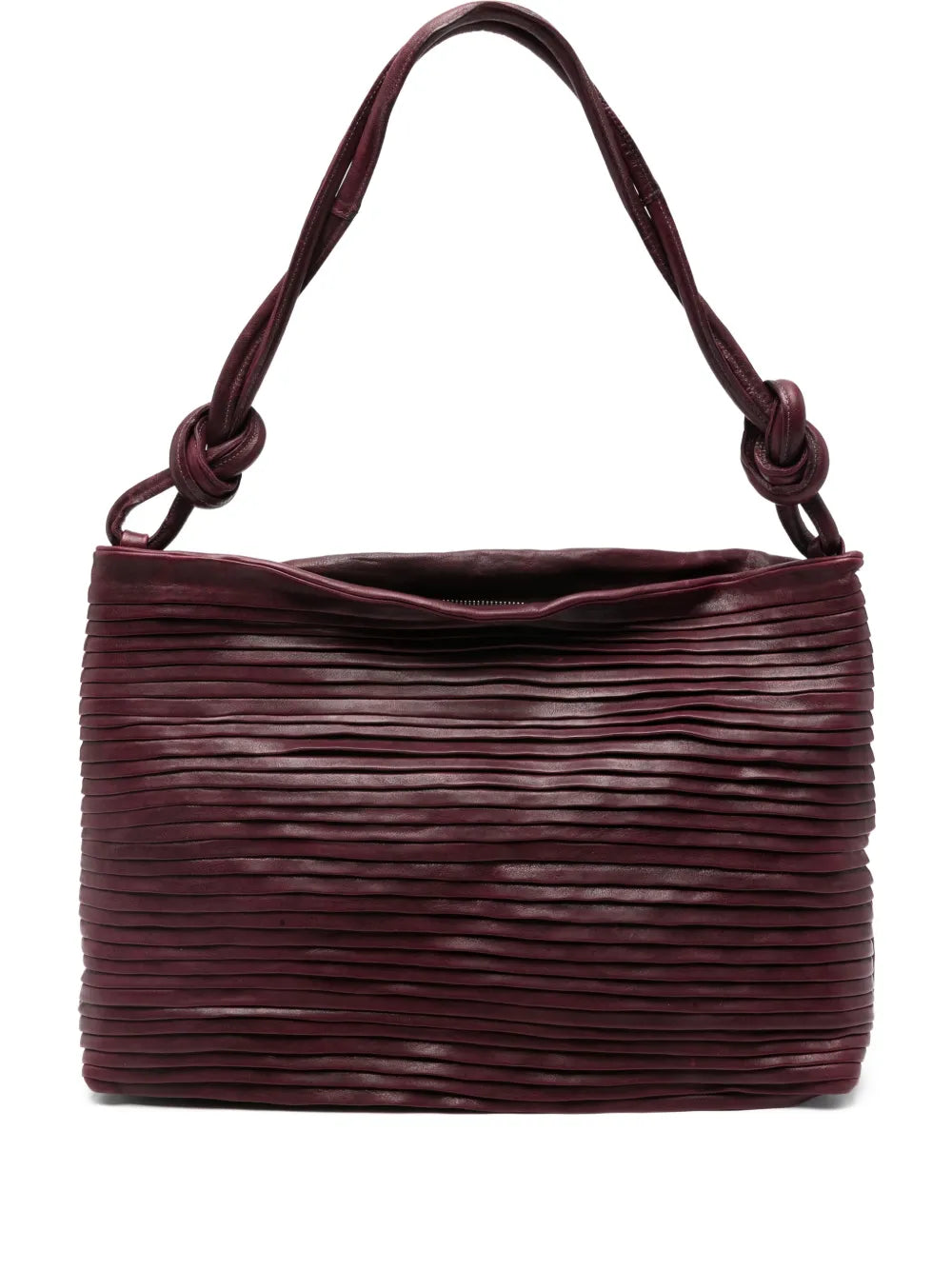 Sommet Aisha Rows large wine-colored leather bag with pleated texture and knotted handle handmade in Italy