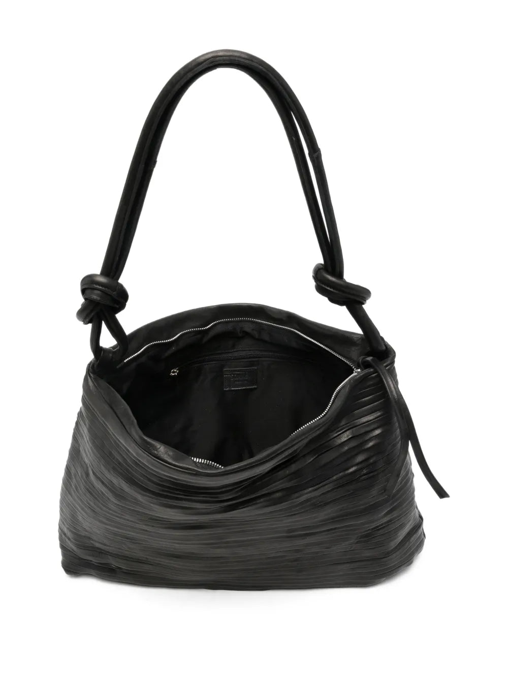 Sommet Aisha Rows large black leather bag with pleated texture and knotted handle made in Italy