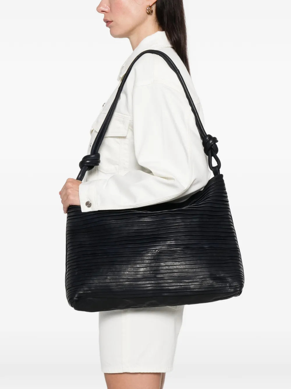 Sommet Aisha Rows large ocean blue leather bag with pleated texture and knotted handle handmade in Italy