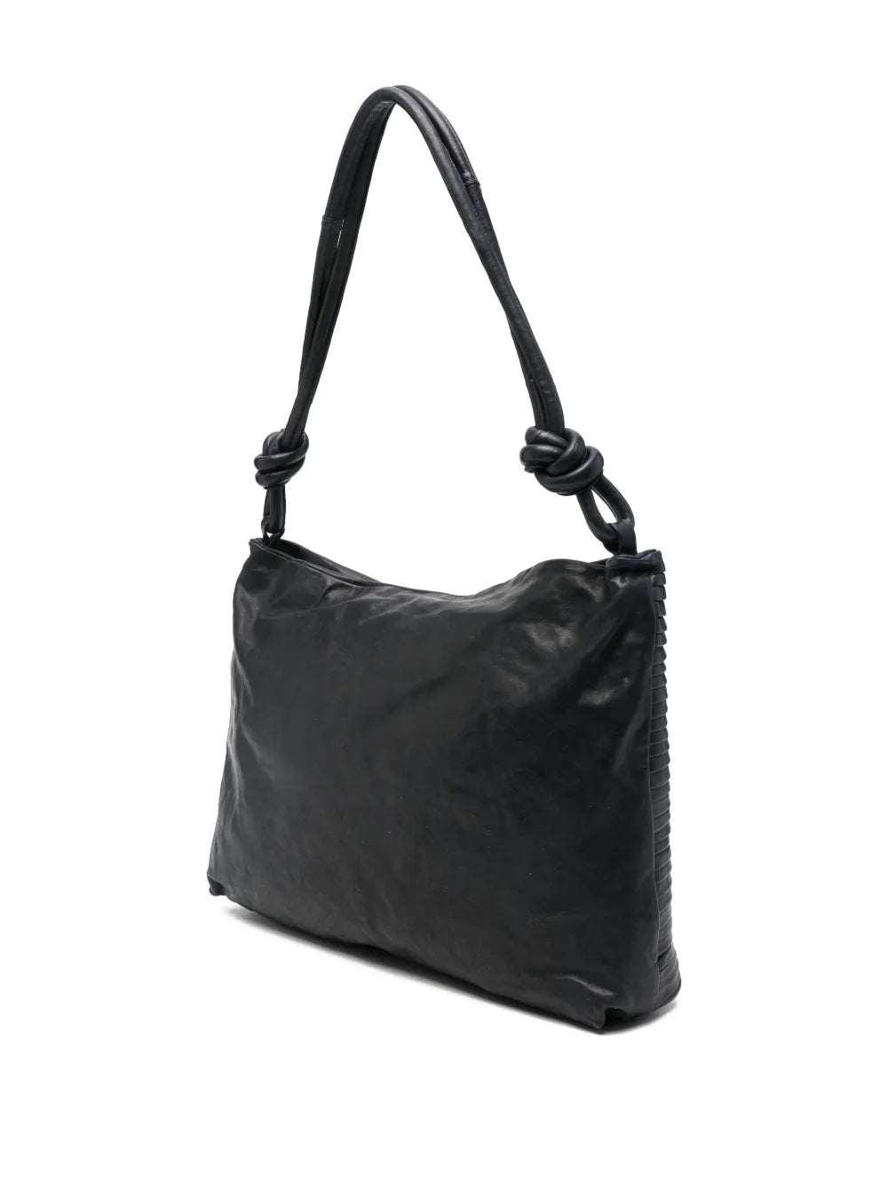 Sommet Aisha Rows large ocean blue leather bag with pleated texture and knotted handle handmade in Italy