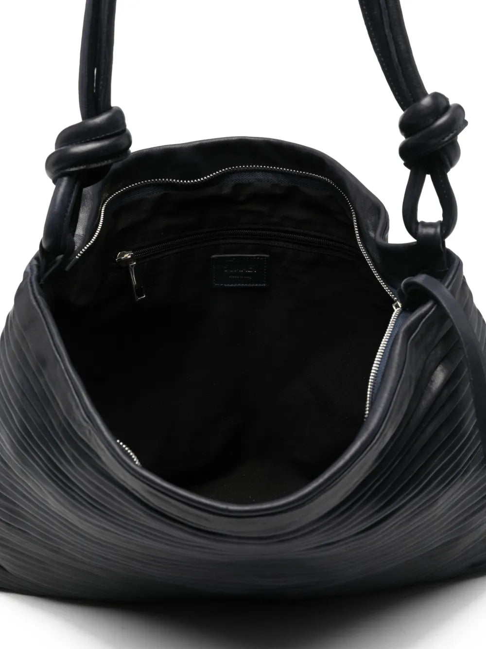 Sommet Aisha Rows large ocean blue leather bag with pleated texture and knotted handle handmade in Italy