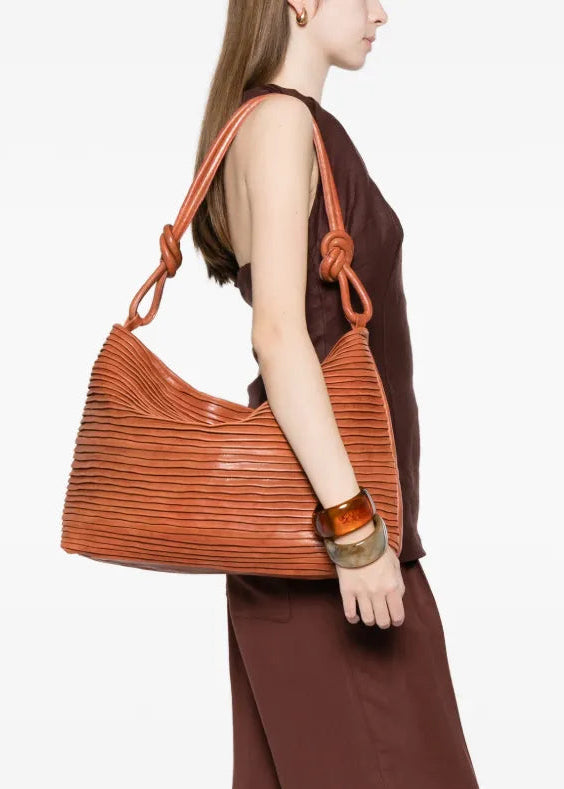 Sommet Aisha Rows Large siena pleated leather shoulder bag in vegetable tanned leather, handcrafted in Italy.
