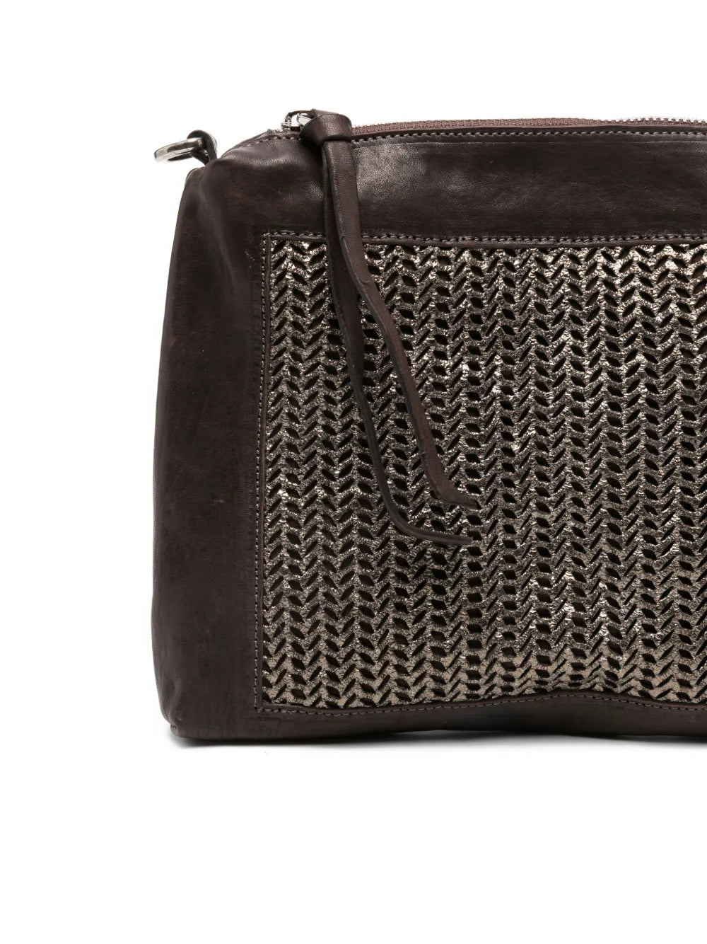 Sommet Alicia crossbody bag in coffee vegetable-tanned leather with bronze laser-cut front panel and adjustable strap, handmade in Italy.