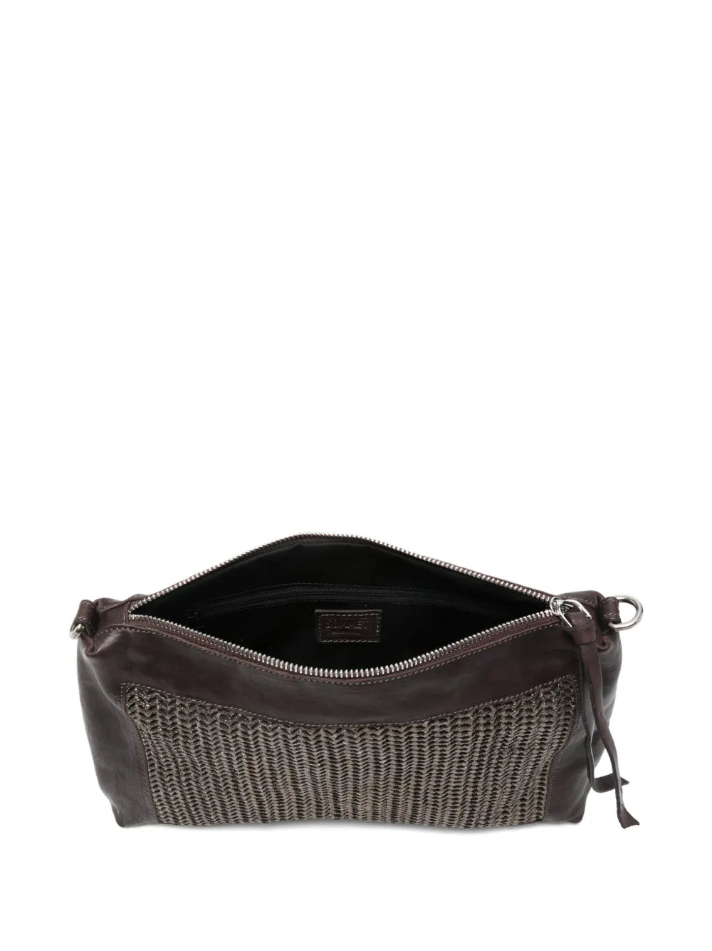 Sommet Alicia crossbody bag in coffee vegetable-tanned leather with bronze laser-cut front panel and adjustable strap, handmade in Italy.