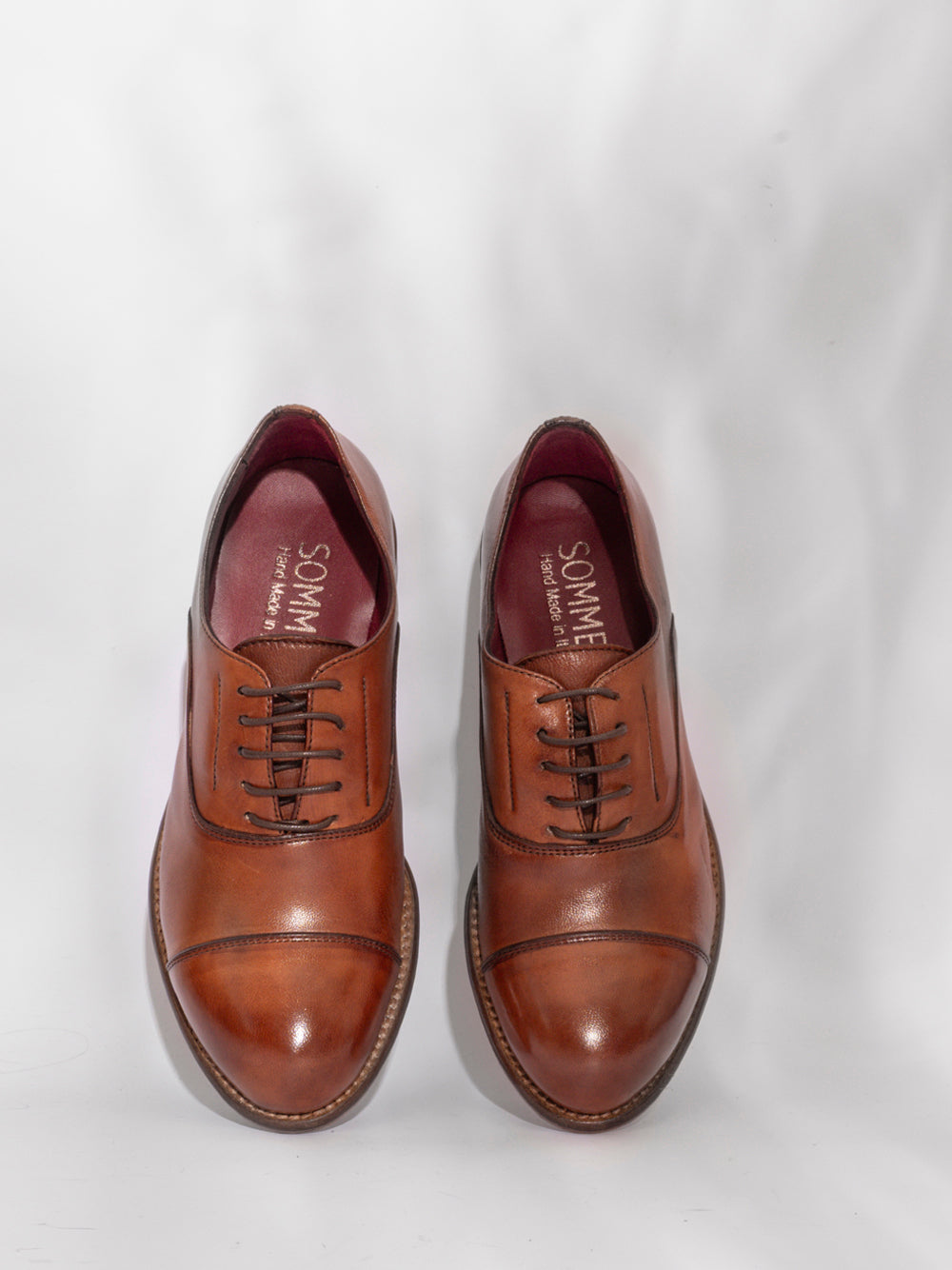 Brandy leather oxford cap toe — SOMMET Hand Made in Italy label