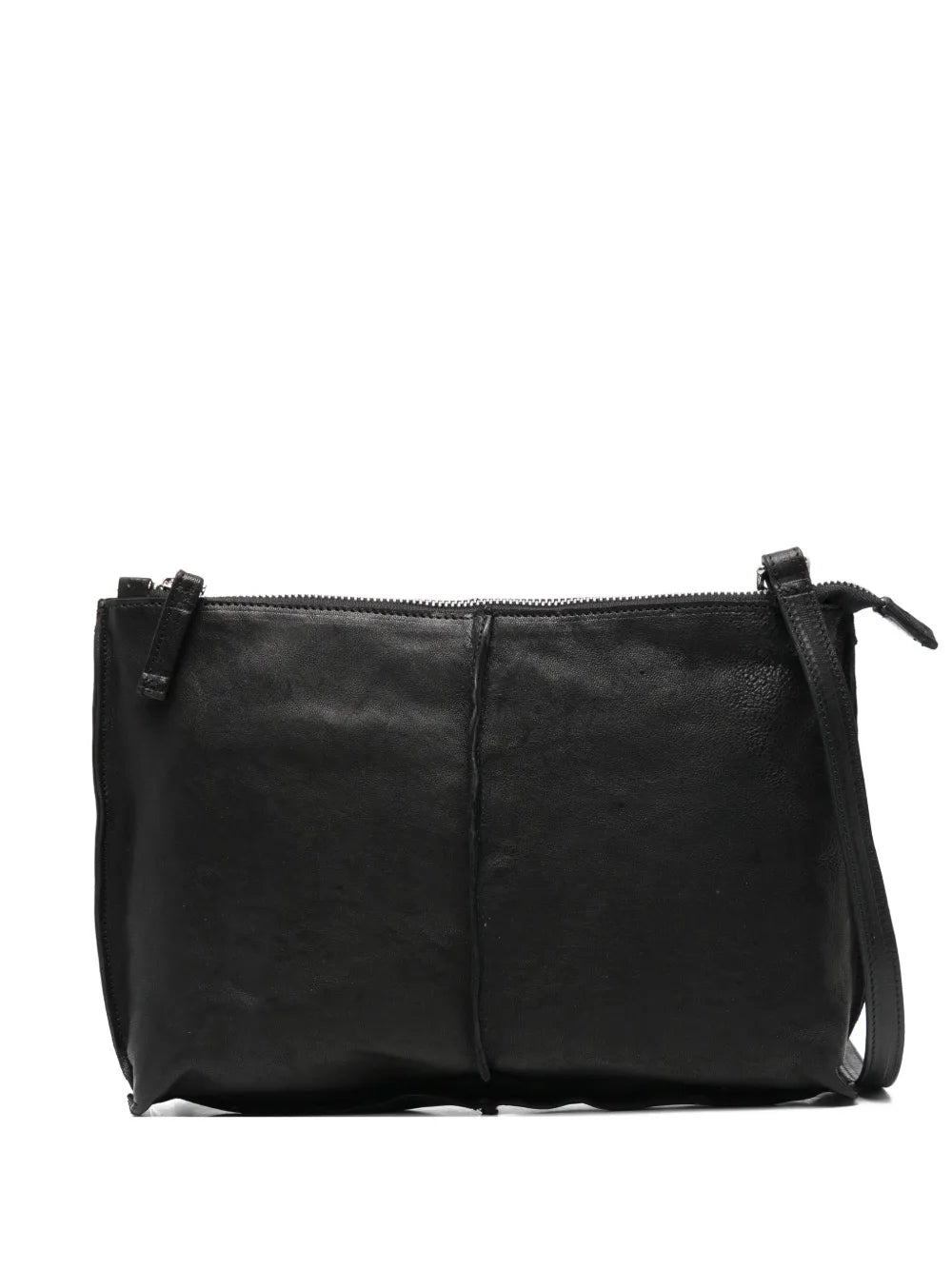 Sommet Clark black vegetable-tanned leather crossbody bag with adjustable strap and artisanal waxed finish, handmade in Italy.