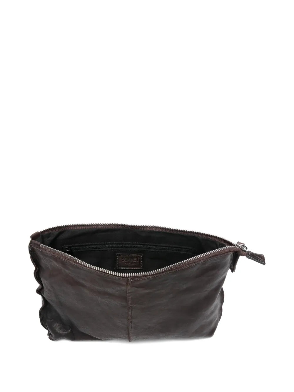 Sommet Clark crossbody bag in coffee vegetable-tanned leather with adjustable strap and waxed artisanal finish, handmade in Italy.