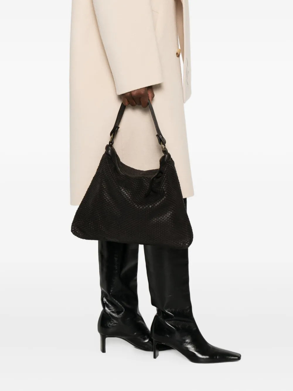 Luxury textured tote bag Corda 358/C in Black leather, double handle for shoulder or crossbody, hand made in Italy