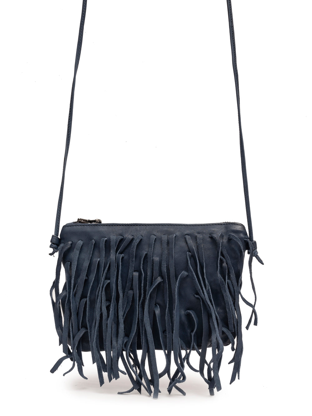 Sommet COUNTRY FRANGE Danubio blue leather fringe crossbody bag handmade in Italy with natural vegetable tanning