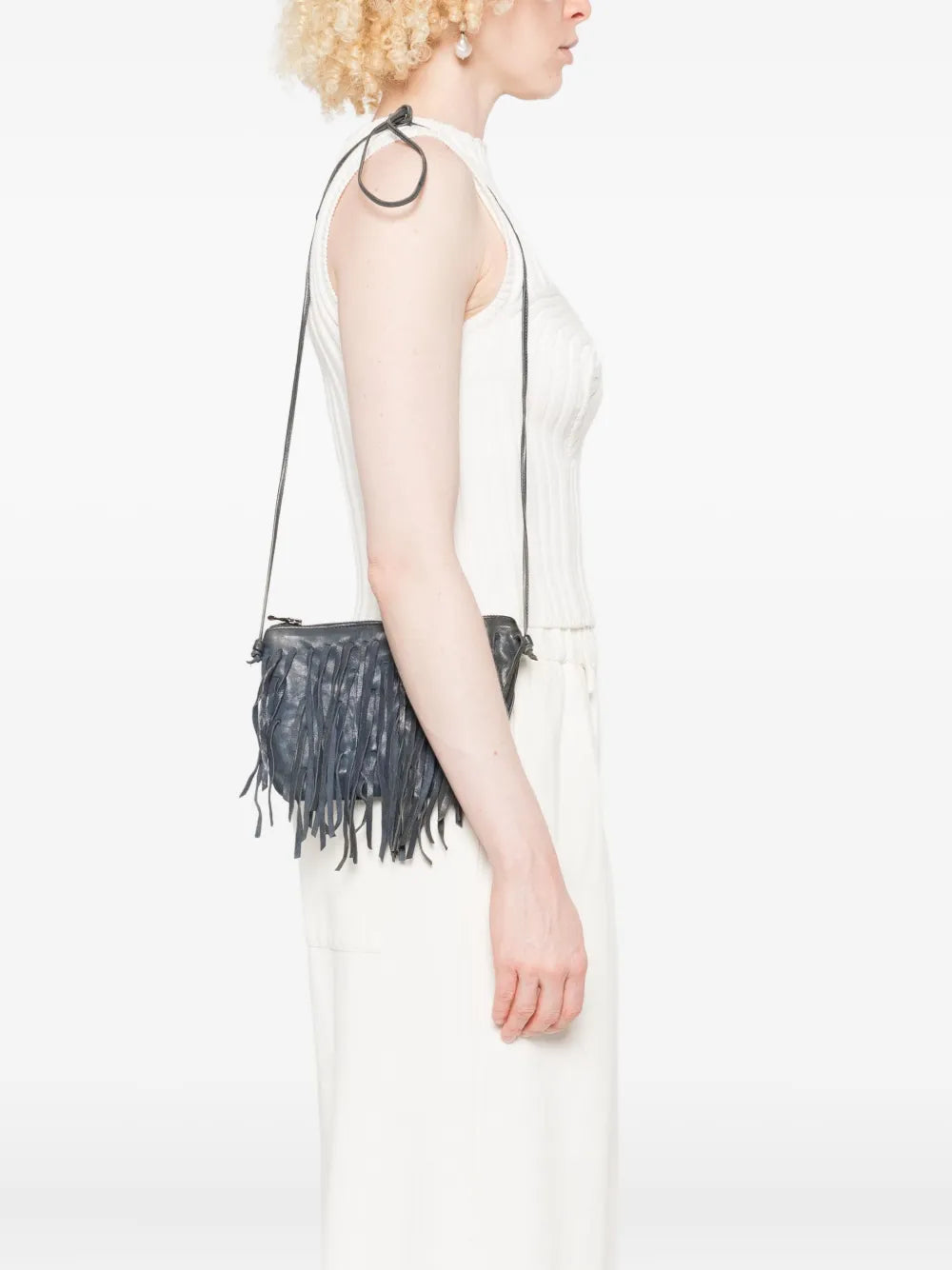 Sommet COUNTRY FRANGE Danubio blue leather fringe crossbody bag handmade in Italy with natural vegetable tanning