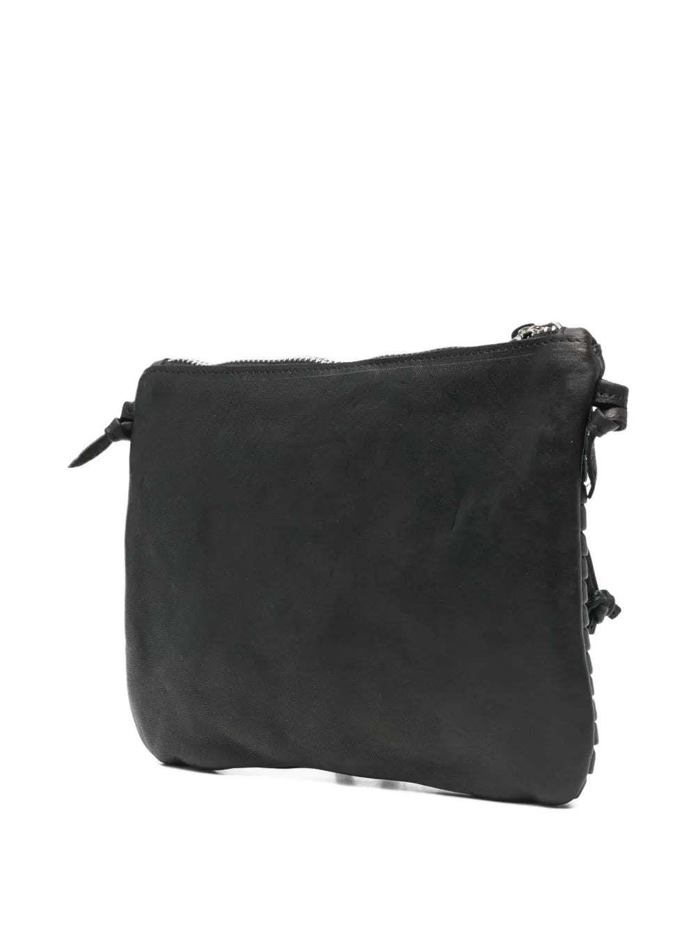 Small black leather crossbody bag with fine horizontal pleated details and adjustable strap, handcrafted in Italy, displayed against a white background.