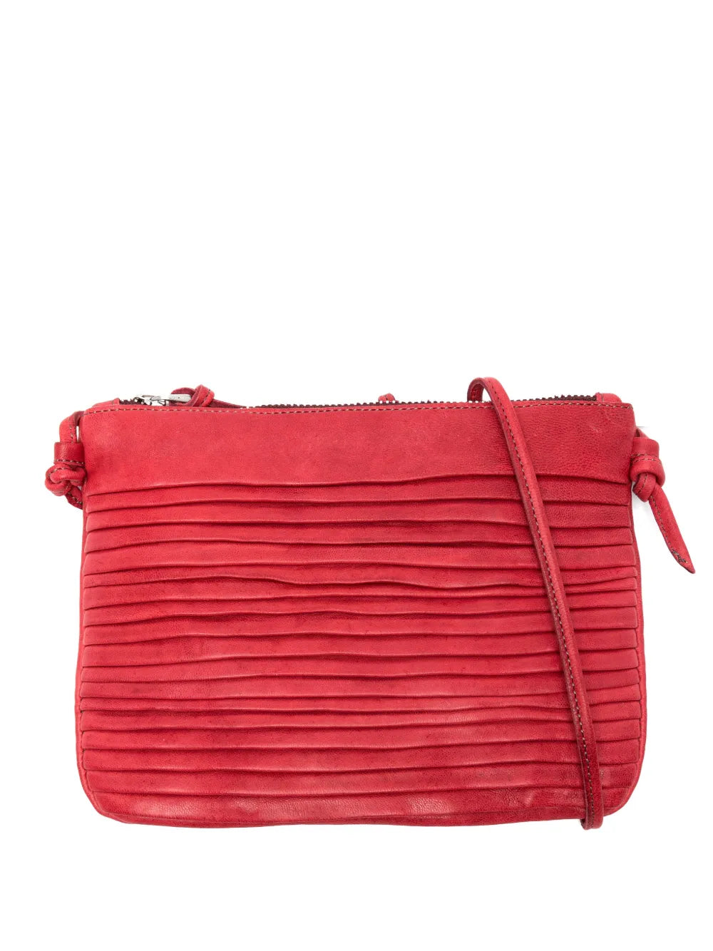 Country Row leather crossbody bag in bouganville red by Sommet, handcrafted in Italy from vegetable tanned calfskin with pleated detailing.