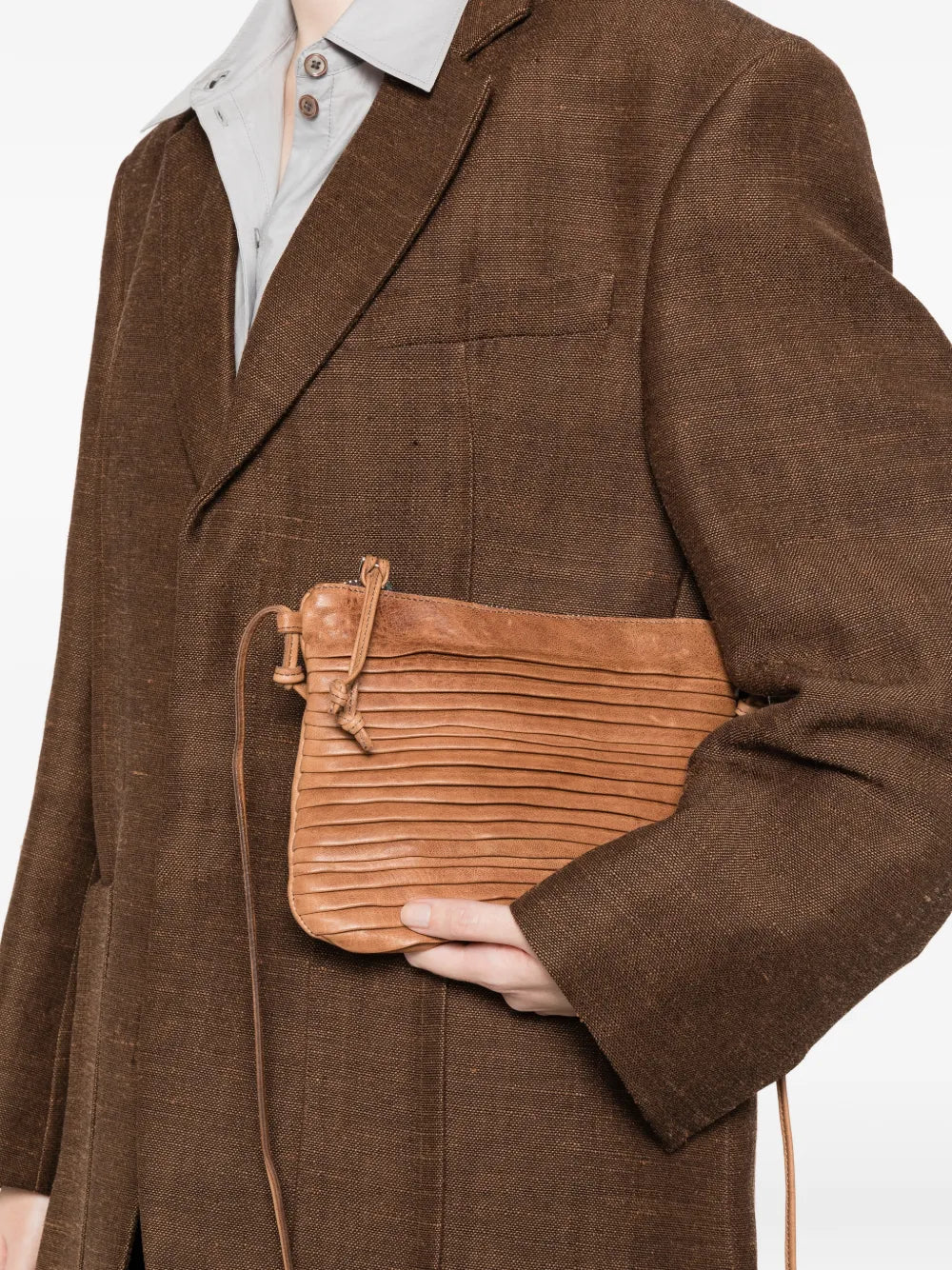 Country Row leather crossbody bag in sand color by Sommet, handcrafted in Italy from vegetable tanned calfskin with pleated texture detailing.