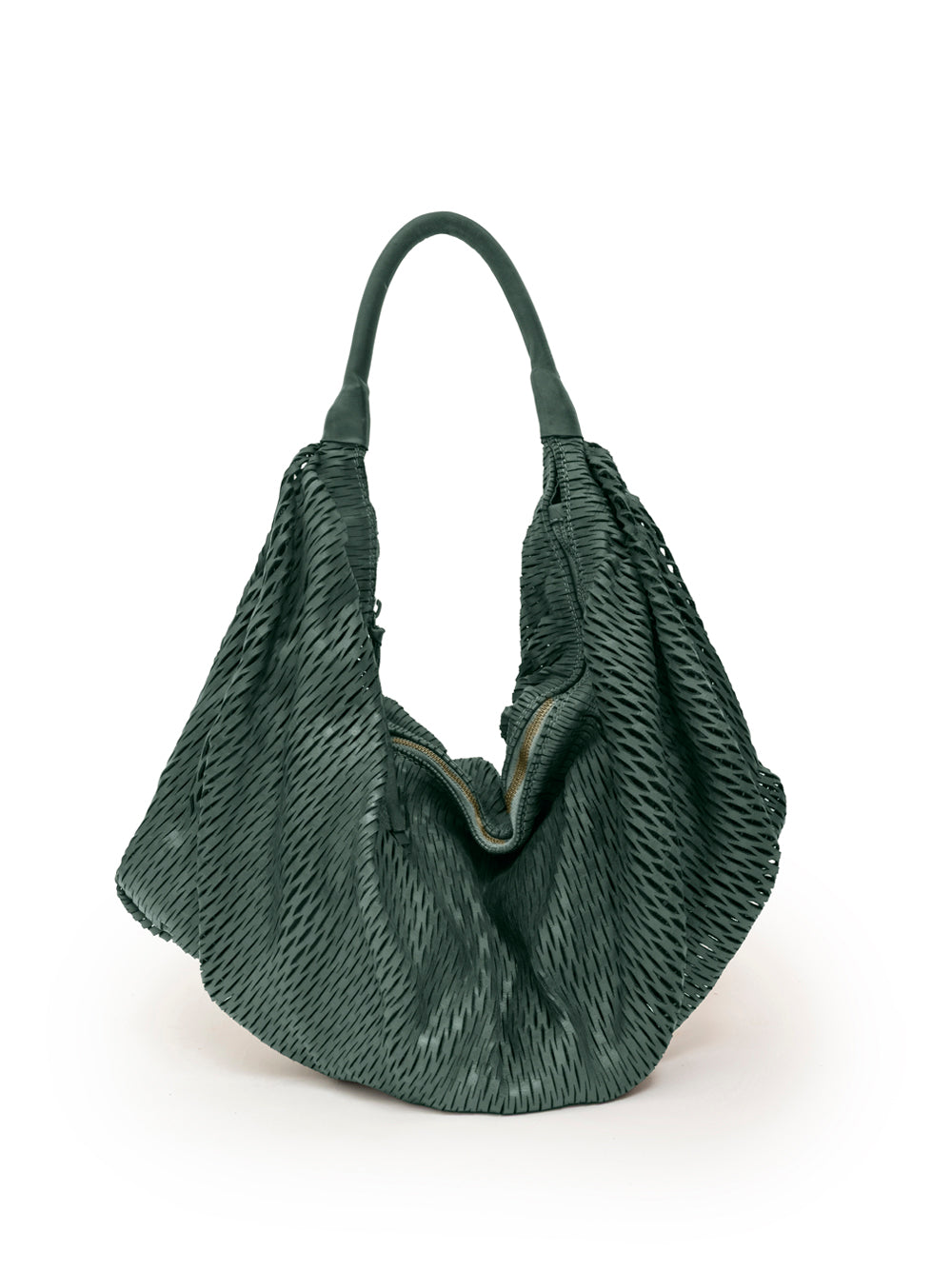 Sommet 306/rete handmade leather hobo bag in Verde Foresta, size M 50x50 cm, flexible bucket design, hand made in Italy