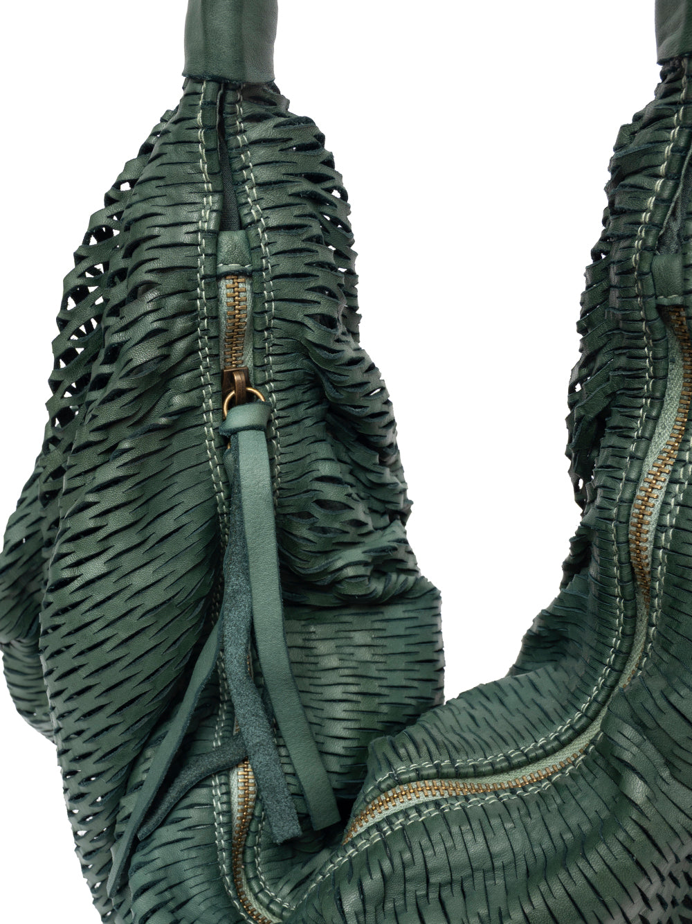 Sommet 306/rete handmade leather hobo bag in Verde Foresta, size M 50x50 cm, flexible bucket design, hand made in Italy