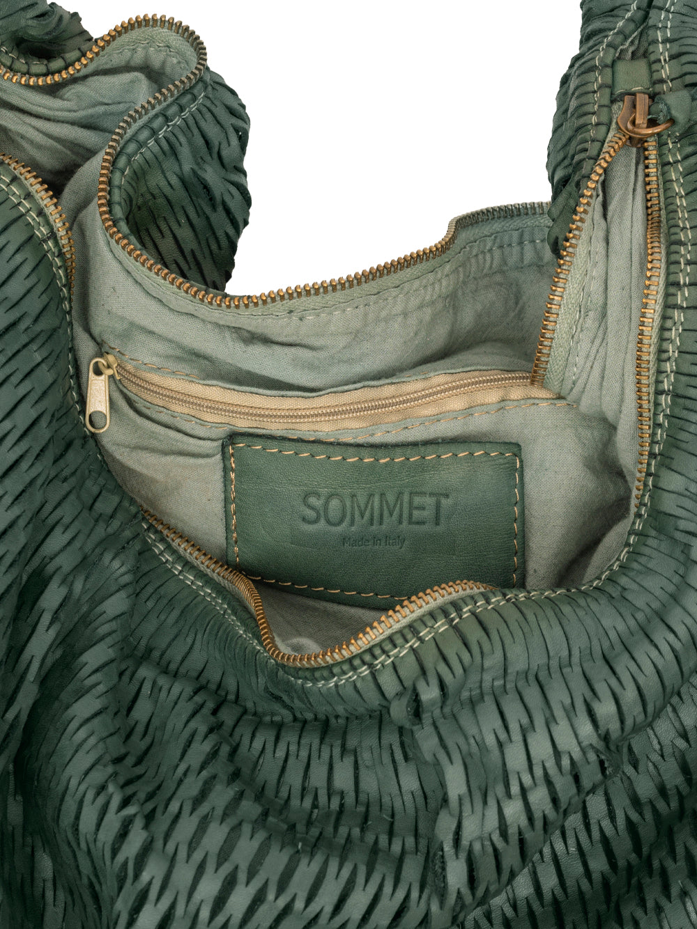 Sommet 306/rete handmade leather hobo bag in Verde Foresta, size M 50x50 cm, flexible bucket design, hand made in Italy