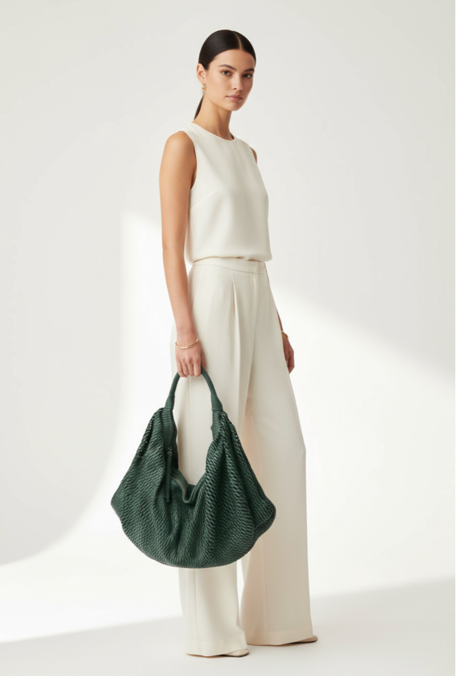 Sommet 306/rete handmade leather hobo bag in Verde Foresta, size M 50x50 cm, flexible bucket design, hand made in Italy