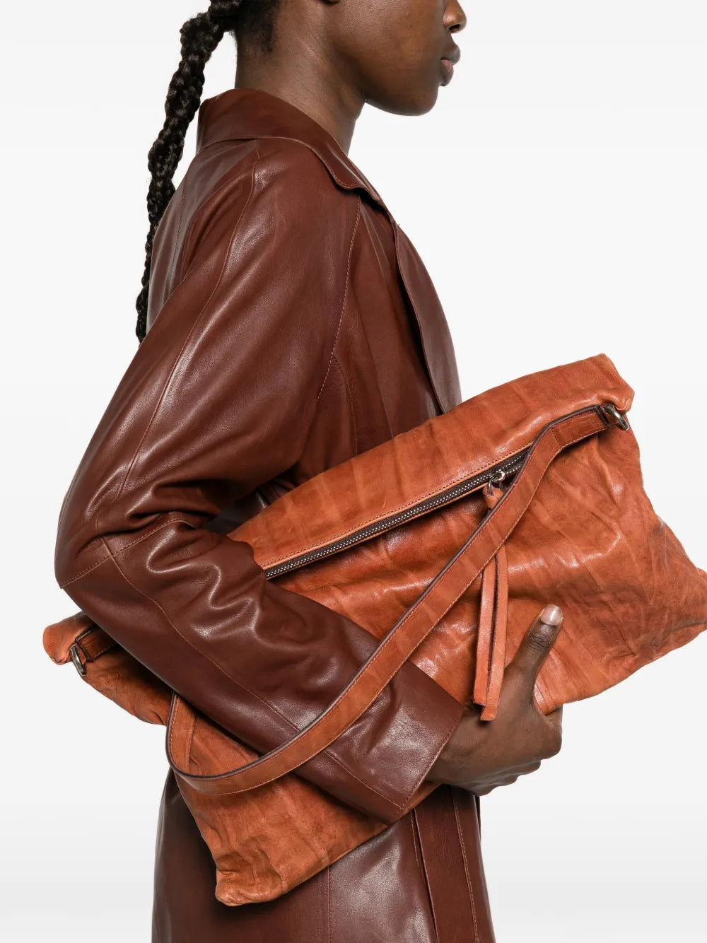 Sommet Lexi Medium cognac leather crossbody bag in vegetable tanned leather, soft and lightweight, handcrafted in Italy.
