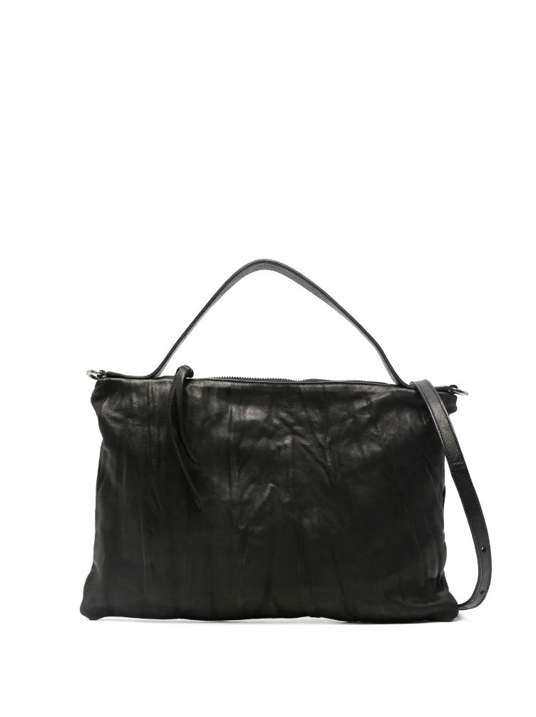 Sommet Lexi Small black bag in wrinkled vegetable-tanned leather with short handle and removable crossbody strap