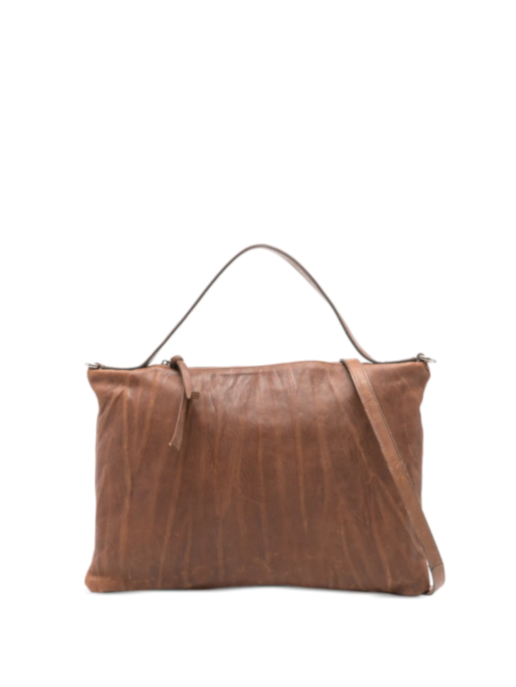 Sommet Lexi Small cacao bag in wrinkled vegetable-tanned leather with short handle and detachable crossbody strap
