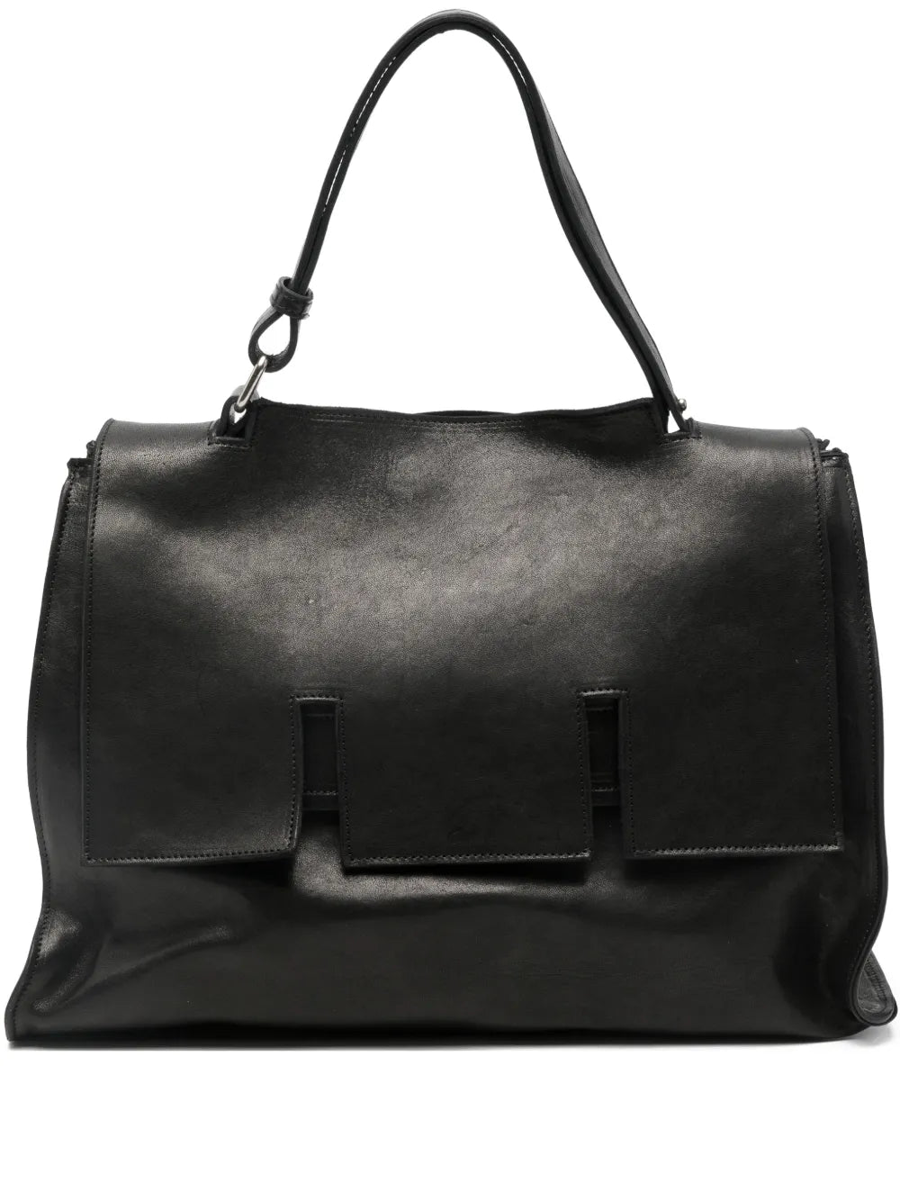 Sommet Mayway L large black handbag made in Italy, handcrafted from vegetable-tanned leather with architectural flap design and adjustable handle