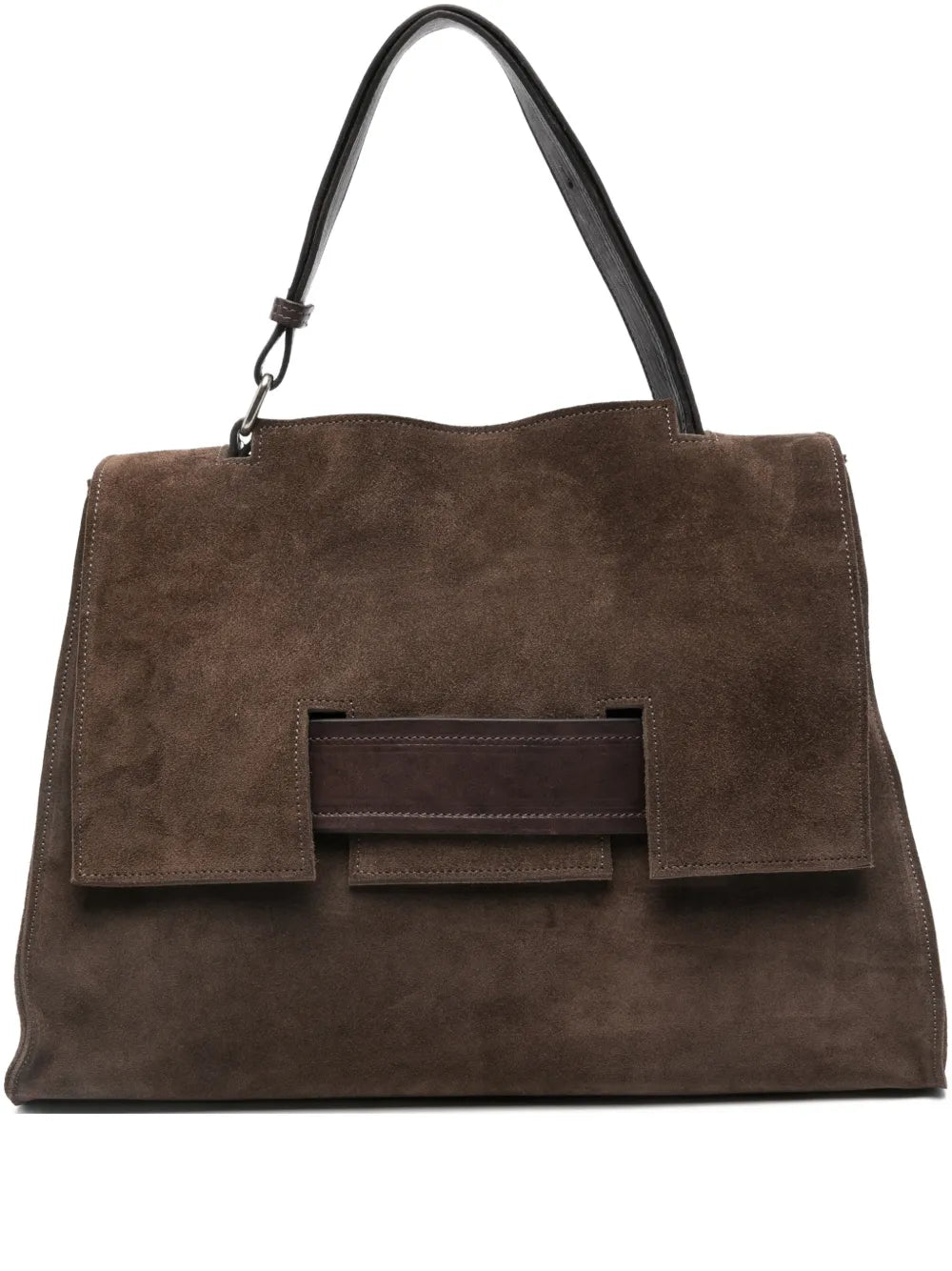Sommet Mayway L suede coffee brown handbag handmade in Italy with architectural flap and adjustable handle